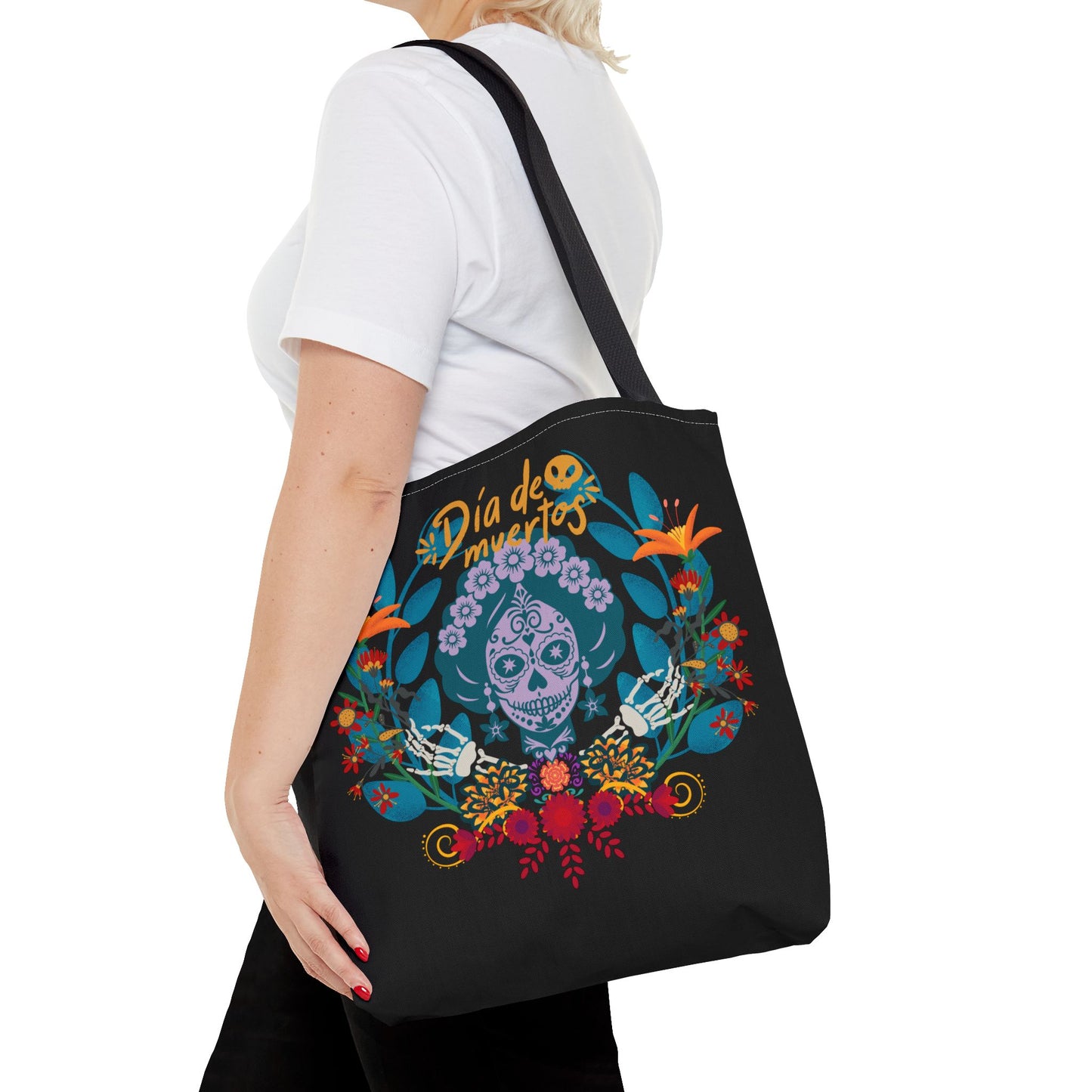 Dia de Muertos Tote Bag, Halloween Gift, Floral Skull Bag, AOP Grocery Tote, Eco-Friendly Shopper