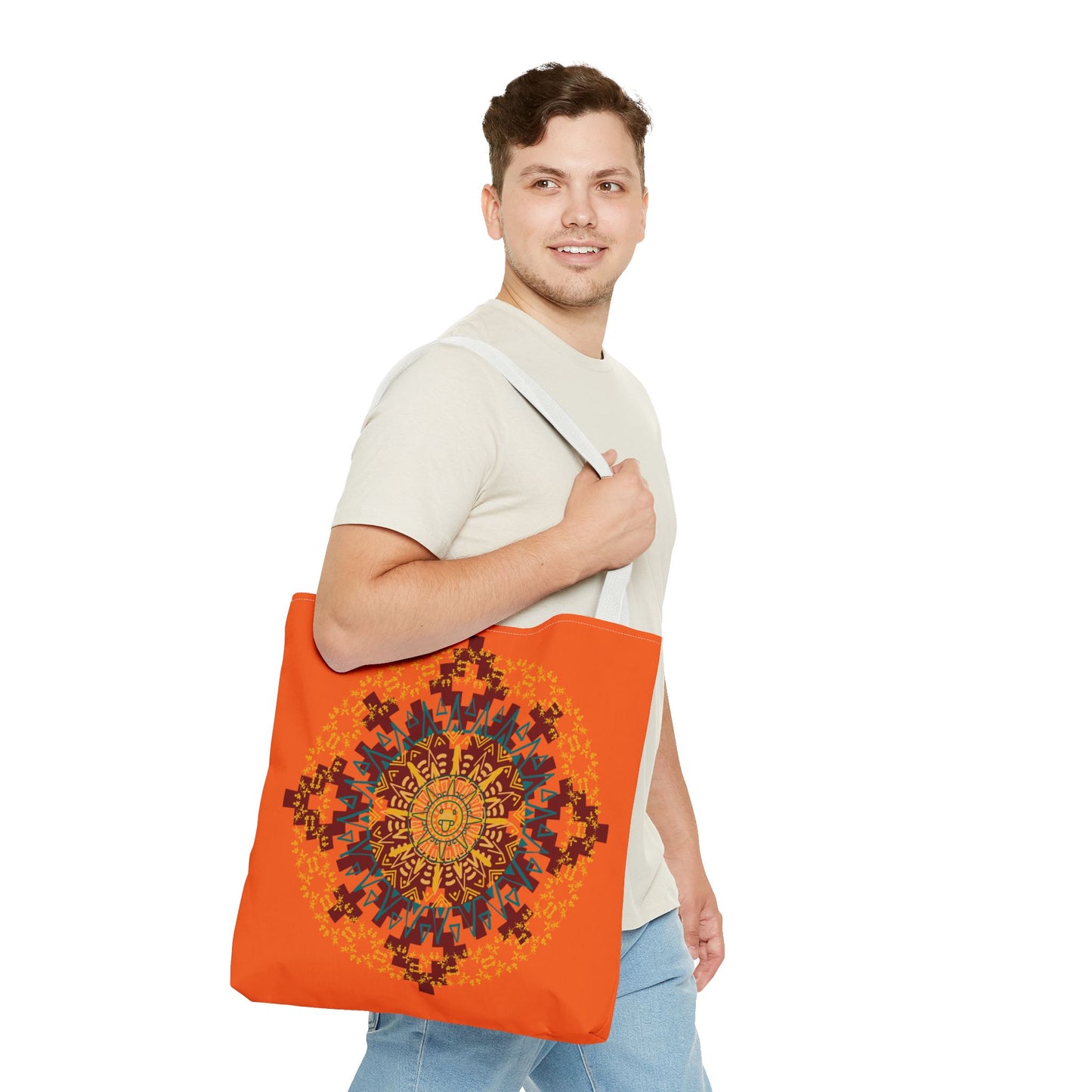 Vibrant Aztec/Mayan Calendar Inspired Mandala Tote Bag | Eco-Friendly Shopping Bag, Beach Bag, Gift for Her, Boho Style, Art Print Bag
