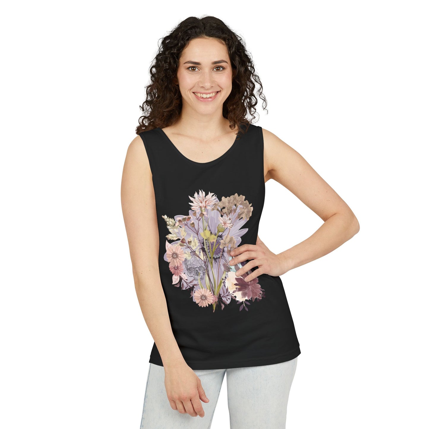 Floral Unisex Garment-Dyed Tank Top, Summer Casual Wear, Flower Print Shirt, Boho Top, Perfect for Festivals, Beach Days, and Warm Weather