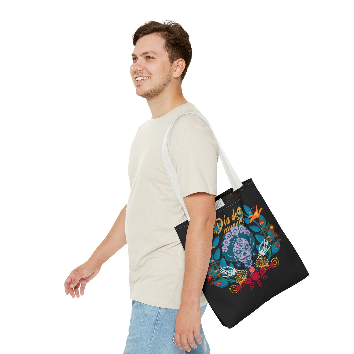 Dia de Muertos Tote Bag, Halloween Gift, Floral Skull Bag, AOP Grocery Tote, Eco-Friendly Shopper