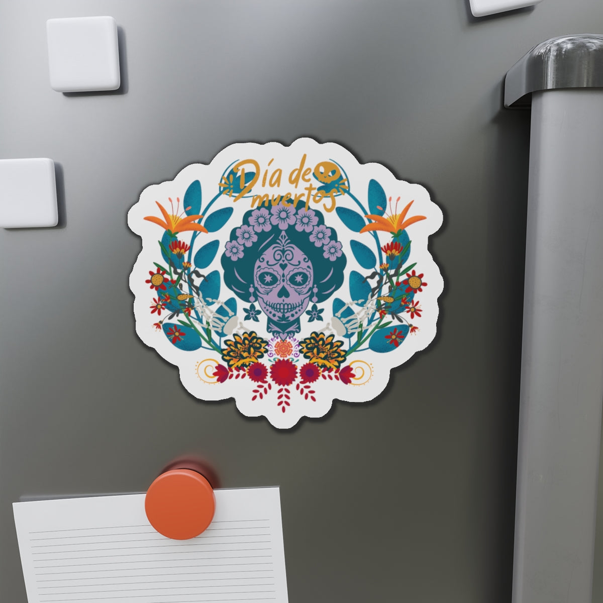 Vibrant Día de Muertos Die-Cut Magnet, Colorful Fridge Decor, Holiday Gift, Celebration Keepsake, Artistic Home Accent