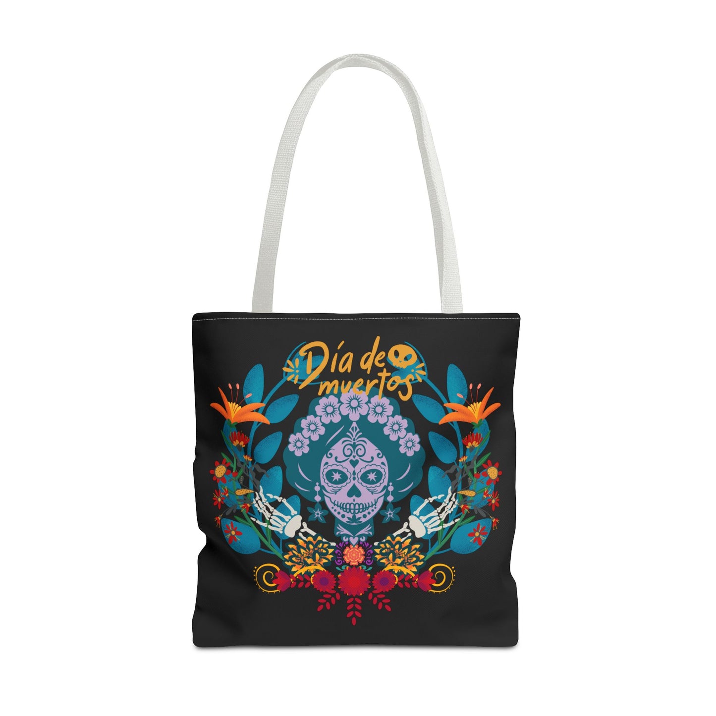 Dia de Muertos Tote Bag, Halloween Gift, Floral Skull Bag, AOP Grocery Tote, Eco-Friendly Shopper