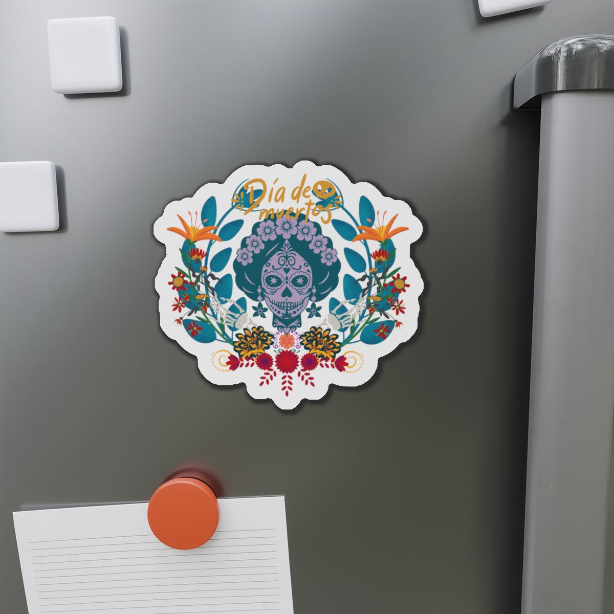 Vibrant Día de Muertos Die-Cut Magnet, Colorful Fridge Decor, Holiday Gift, Celebration Keepsake, Artistic Home Accent