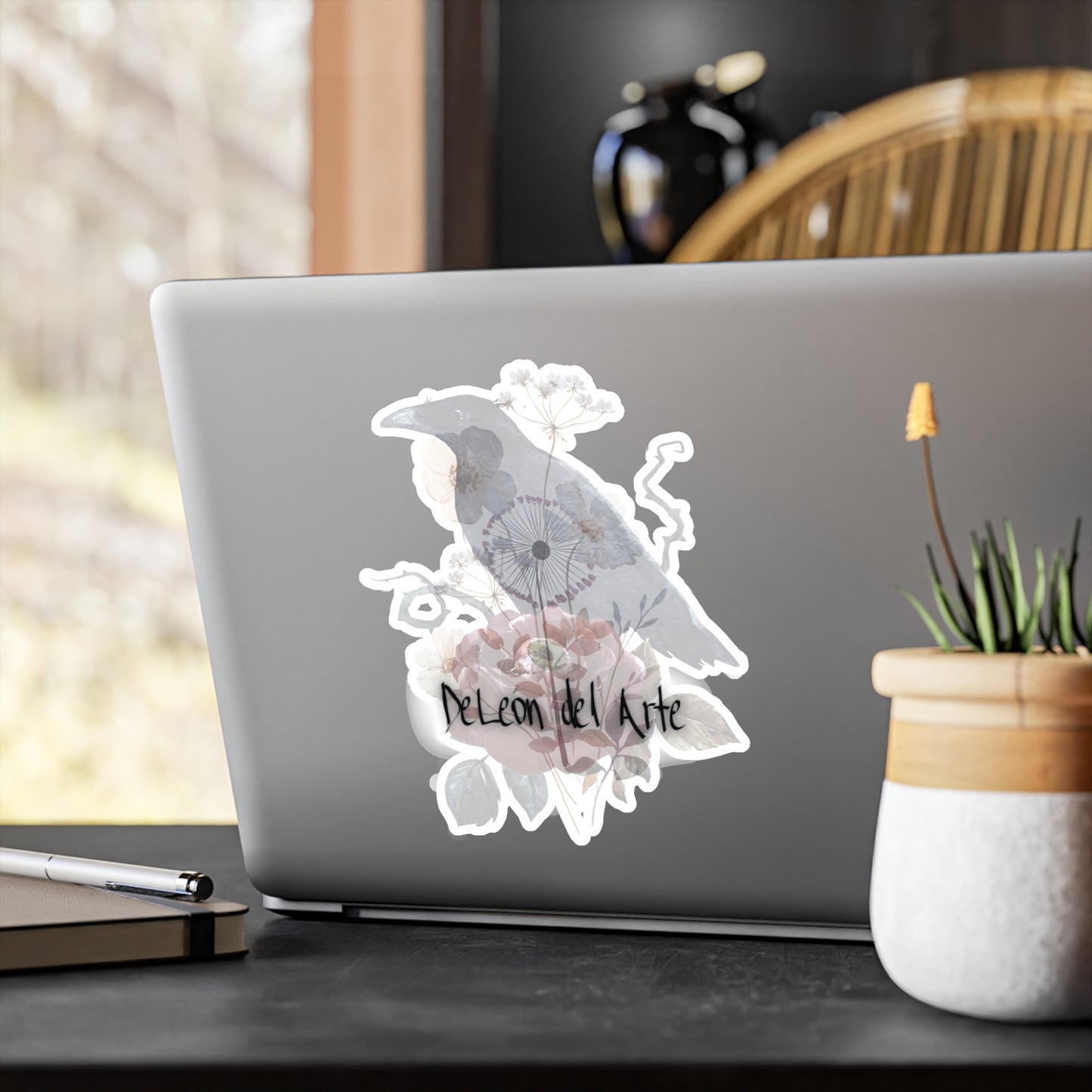 Artistic Kiss-Cut Vinyl Decals, Decorative Stickers, Home Decor, Unique Gifts, Floral Design, Raven Art