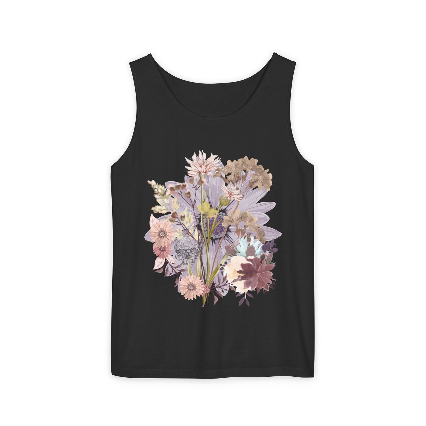 Floral Unisex Garment-Dyed Tank Top, Summer Casual Wear, Flower Print Shirt, Boho Top, Perfect for Festivals, Beach Days, and Warm Weather