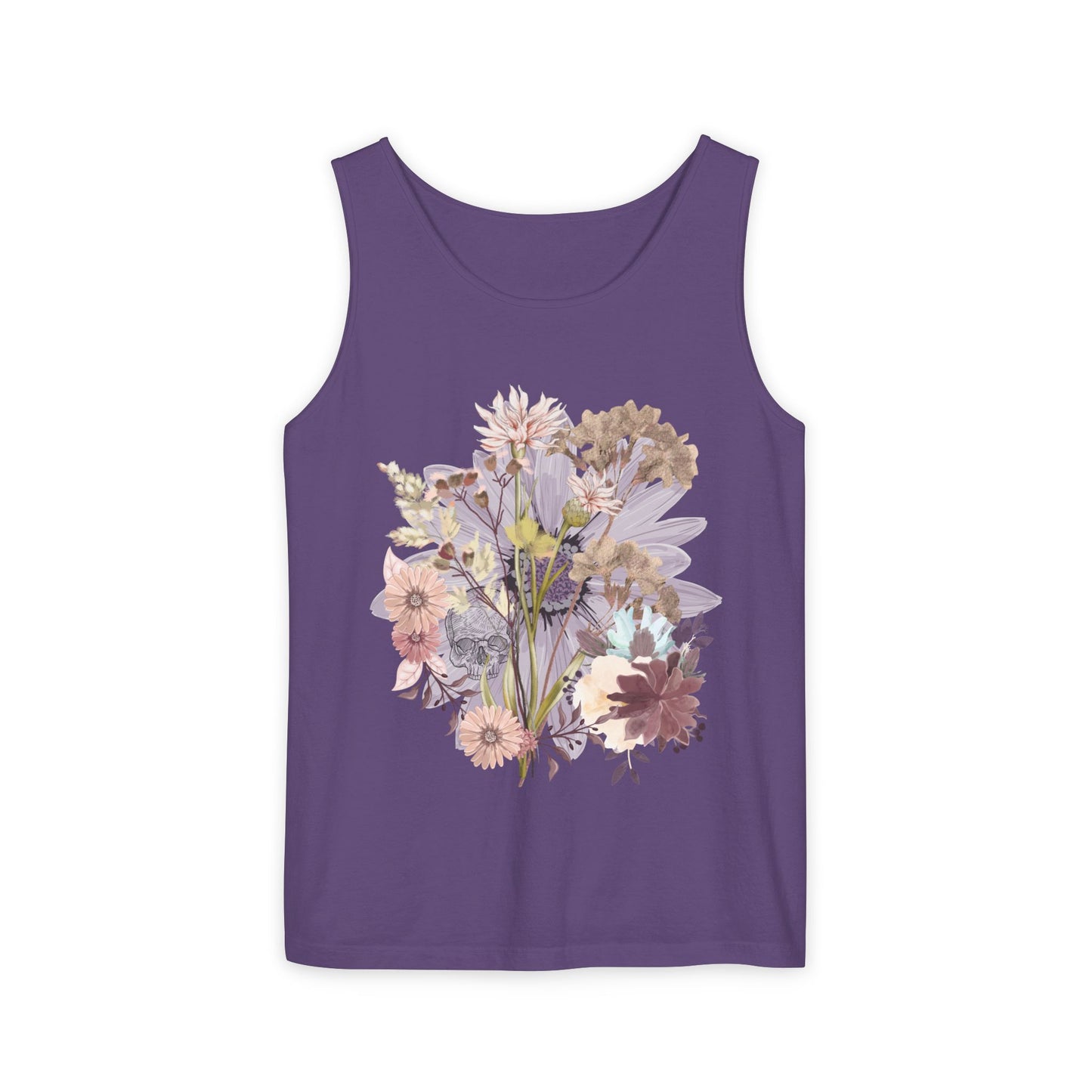 Floral Unisex Garment-Dyed Tank Top, Summer Casual Wear, Flower Print Shirt, Boho Top, Perfect for Festivals, Beach Days, and Warm Weather