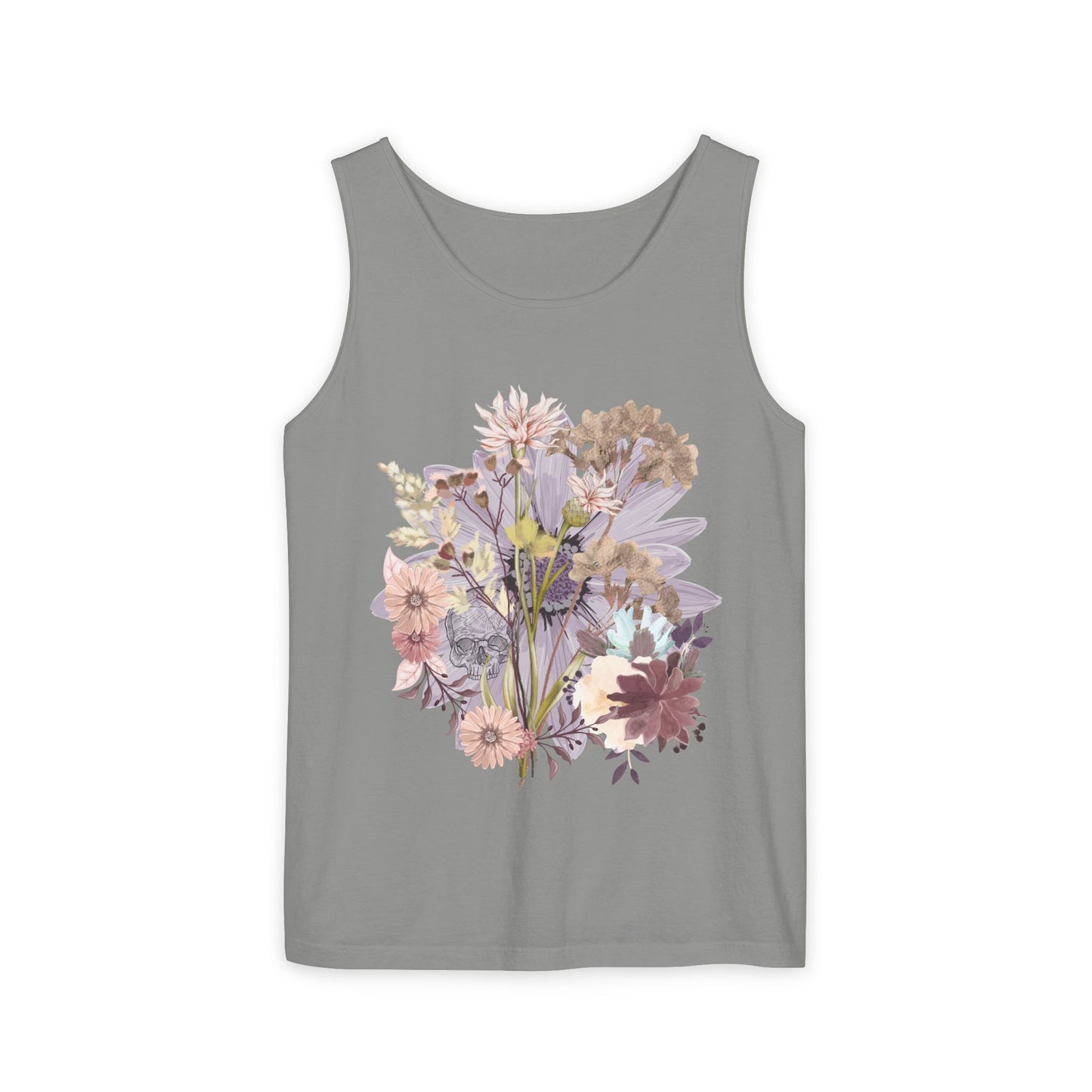 Floral Unisex Garment-Dyed Tank Top, Summer Casual Wear, Flower Print Shirt, Boho Top, Perfect for Festivals, Beach Days, and Warm Weather