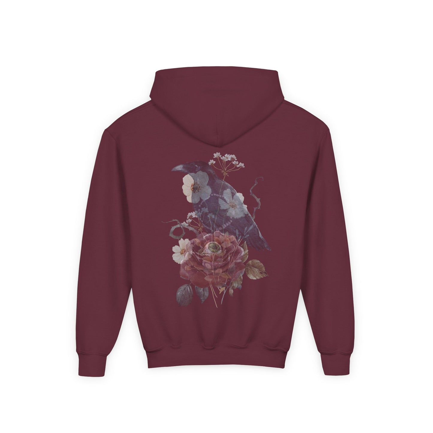 Floral Raven Youth Hoodie | Cozy Sweatshirt for Kids | Gift for Bird Lovers, Fall Fashion, Nature-Inspired Apparel