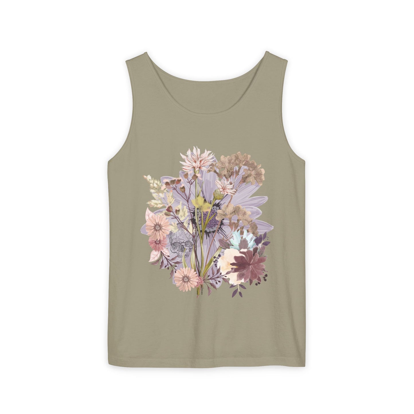 Floral Unisex Garment-Dyed Tank Top, Summer Casual Wear, Flower Print Shirt, Boho Top, Perfect for Festivals, Beach Days, and Warm Weather