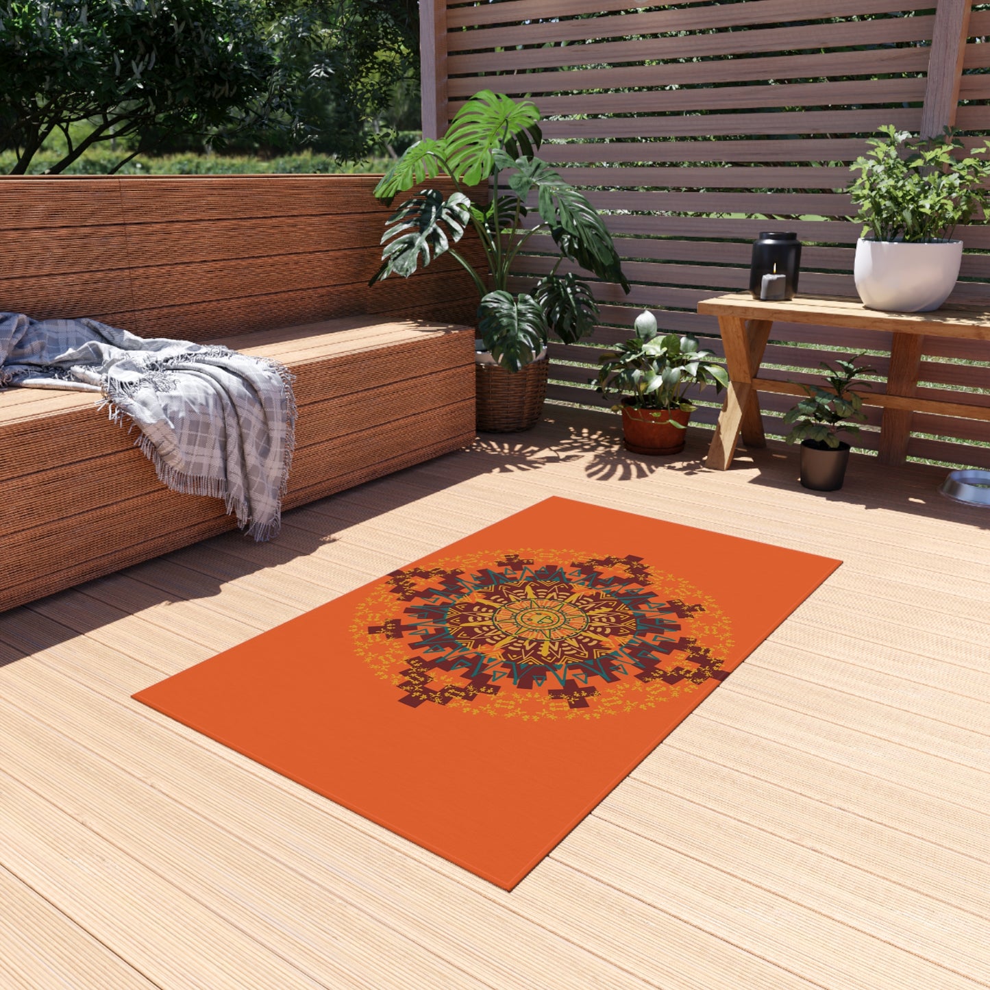 Stylish Outdoor Rug for Patios, Bright Mandala Design, Garden Decor, Ideal for Picnics, Festivals, and Outdoor Gatherings, Weather-Resistant