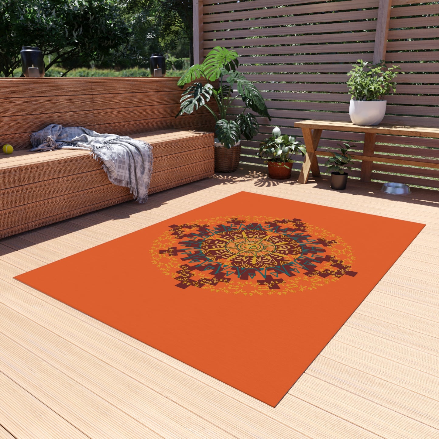 Stylish Outdoor Rug for Patios, Bright Mandala Design, Garden Decor, Ideal for Picnics, Festivals, and Outdoor Gatherings, Weather-Resistant