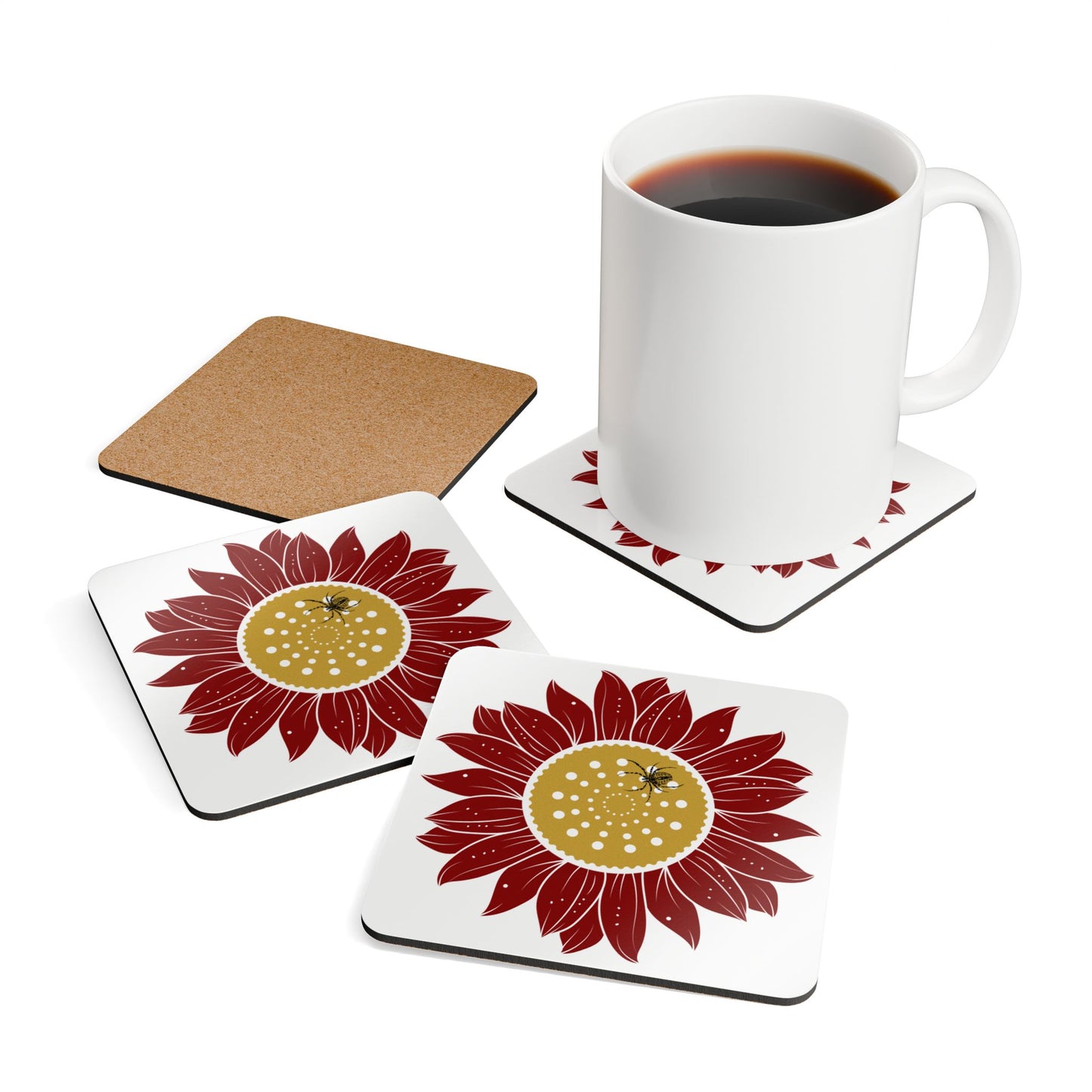 Sunflower Corkwood Coaster Set, Eco-Friendly Drink Coasters, Rustic Home Decor, Gift for Nature Lovers, Kitchen Accessories