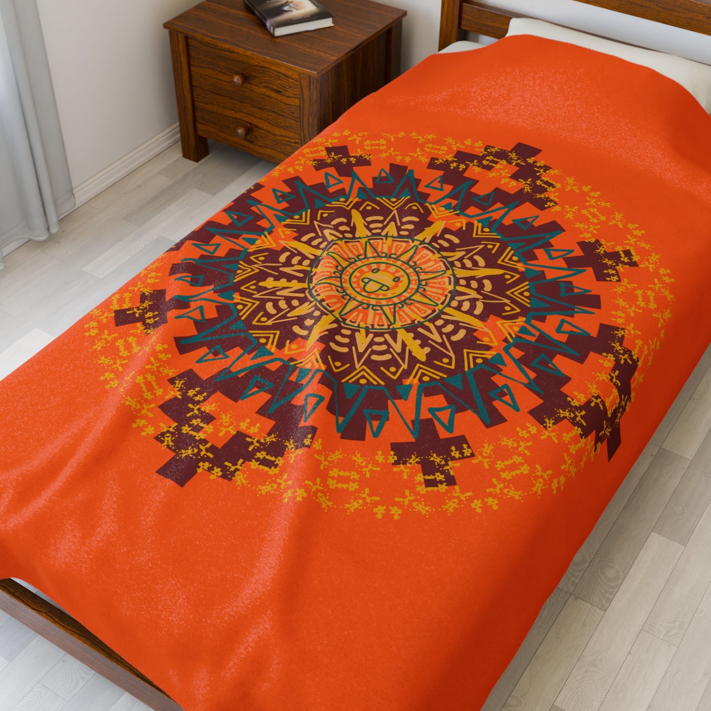 Cozy Aztec/Mayan Calendar Inspired Mandala Velveteen Plush Blanket, Warm Throw Blanket, Home Decor, Gift for Her, Meditation Accessories, Boho Home