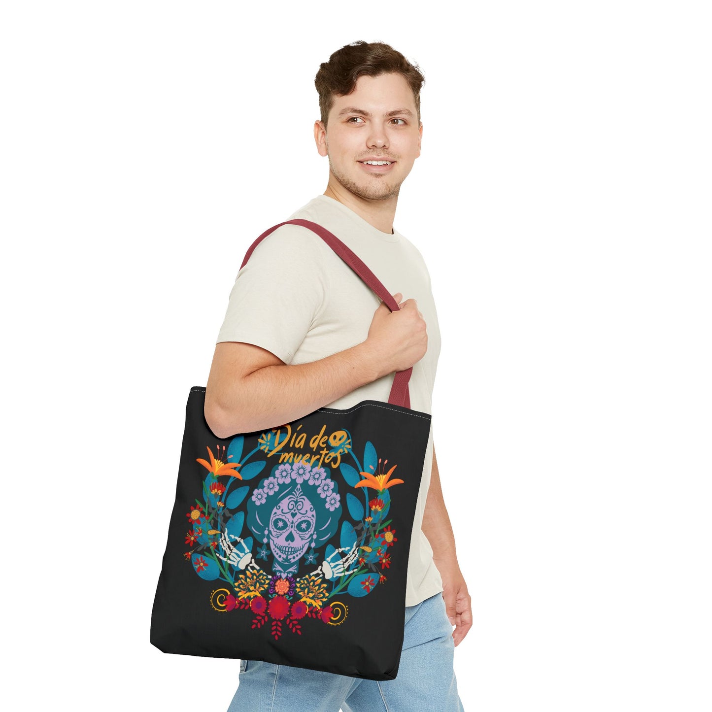 Dia de Muertos Tote Bag, Halloween Gift, Floral Skull Bag, AOP Grocery Tote, Eco-Friendly Shopper