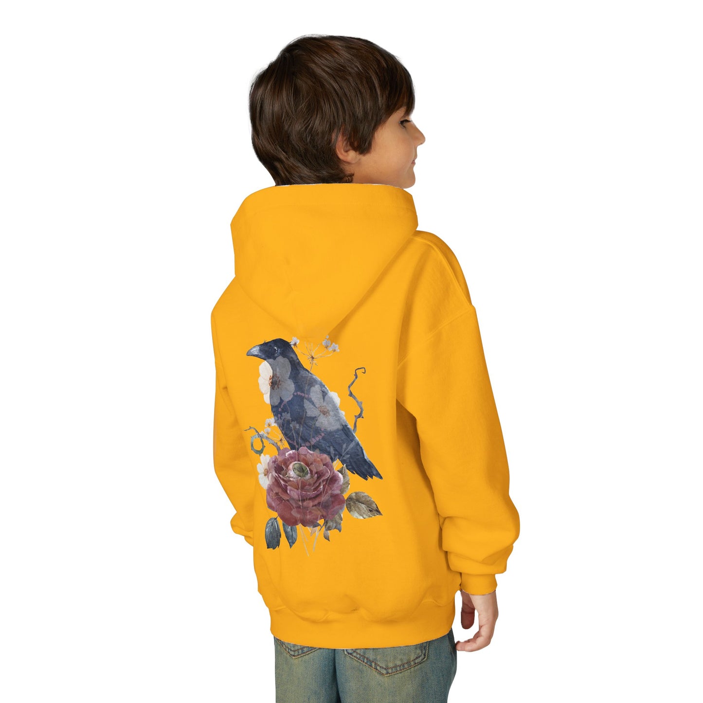 Floral Raven Youth Hoodie | Cozy Sweatshirt for Kids | Gift for Bird Lovers, Fall Fashion, Nature-Inspired Apparel