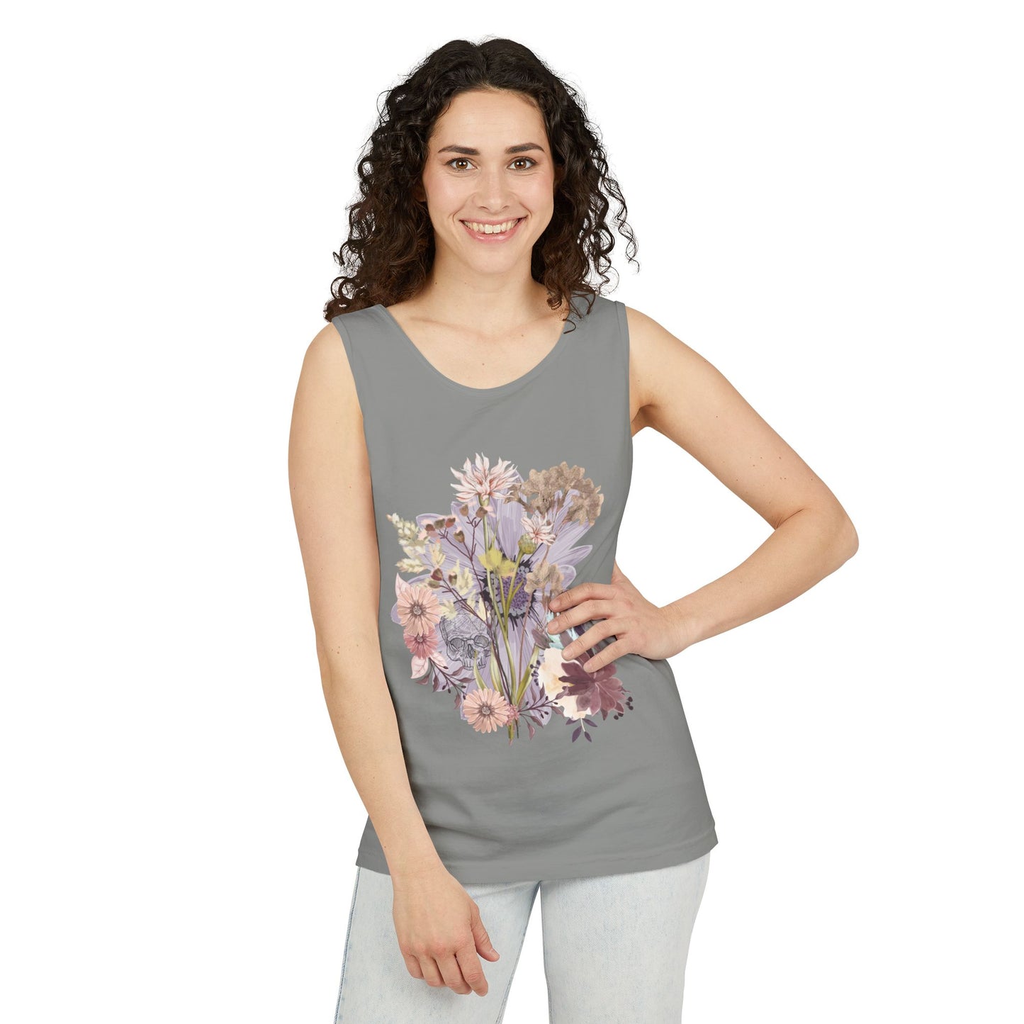 Floral Unisex Garment-Dyed Tank Top, Summer Casual Wear, Flower Print Shirt, Boho Top, Perfect for Festivals, Beach Days, and Warm Weather