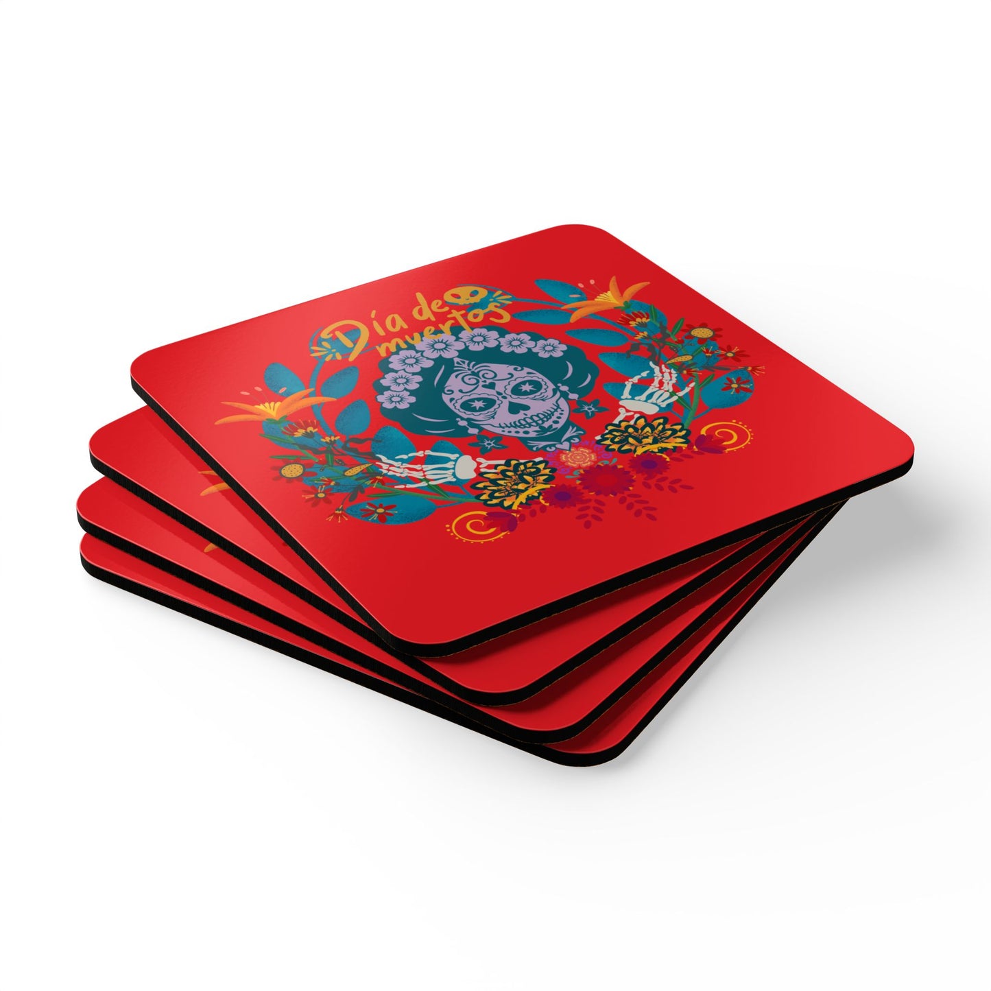 Dia de los Muertos - red Corkwood Coaster Set