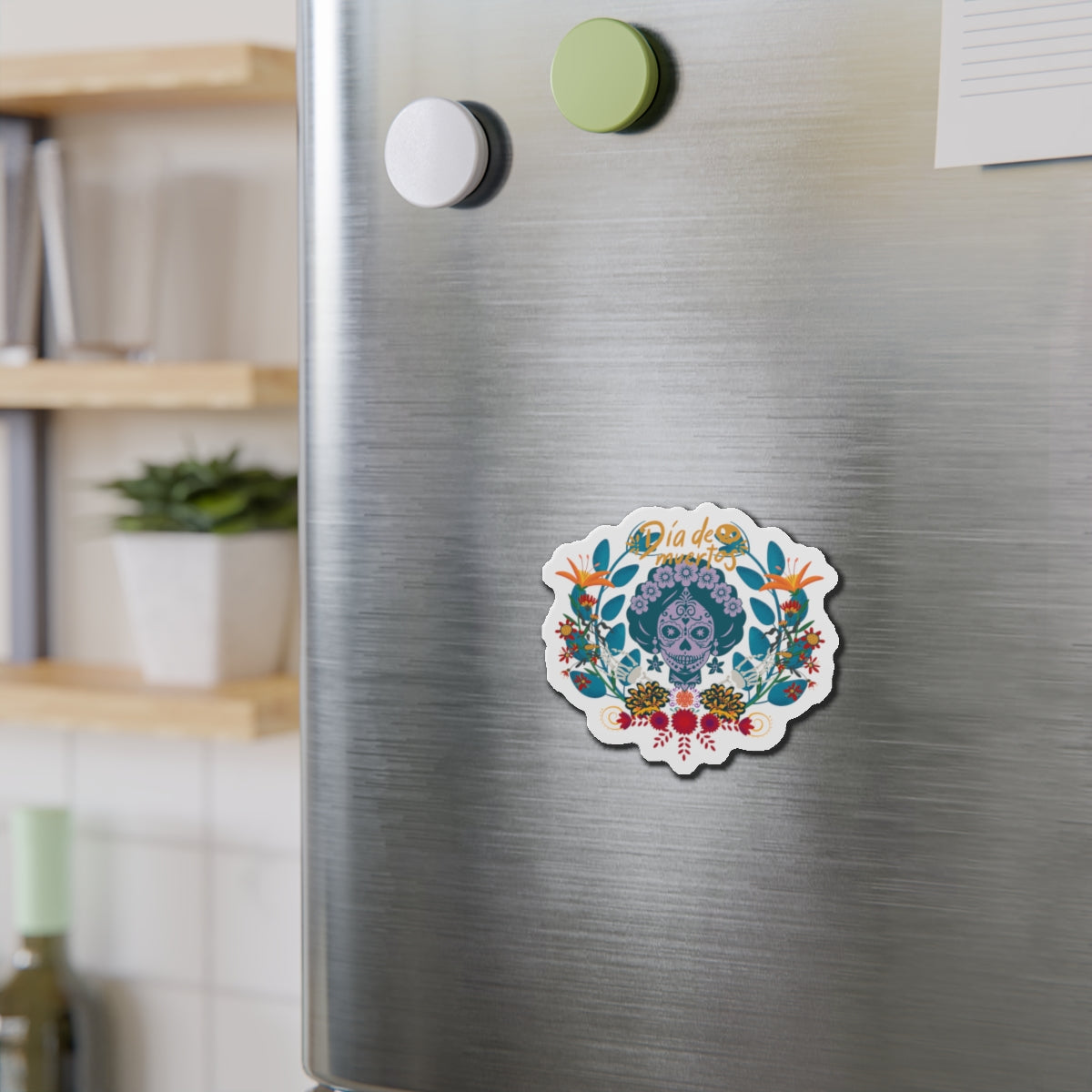 Vibrant Día de Muertos Die-Cut Magnet, Colorful Fridge Decor, Holiday Gift, Celebration Keepsake, Artistic Home Accent