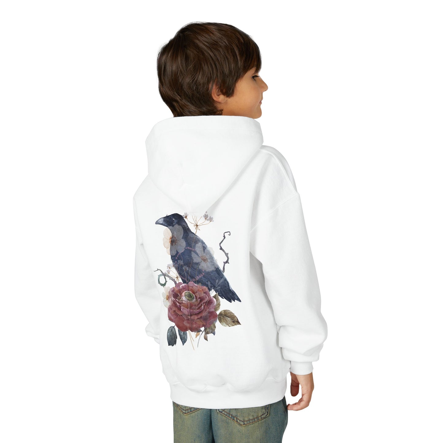 Floral Raven Youth Hoodie | Cozy Sweatshirt for Kids | Gift for Bird Lovers, Fall Fashion, Nature-Inspired Apparel