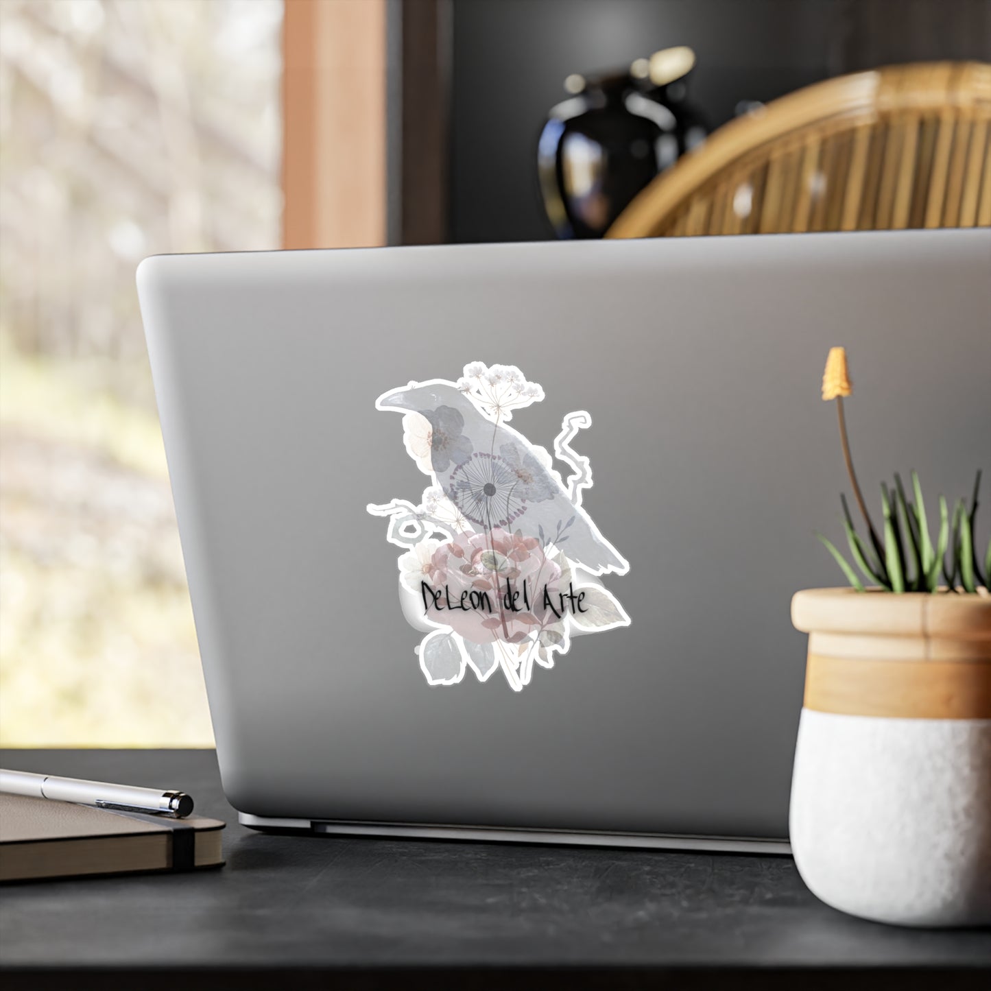 Artistic Kiss-Cut Vinyl Decals, Decorative Stickers, Home Decor, Unique Gifts, Floral Design, Raven Art