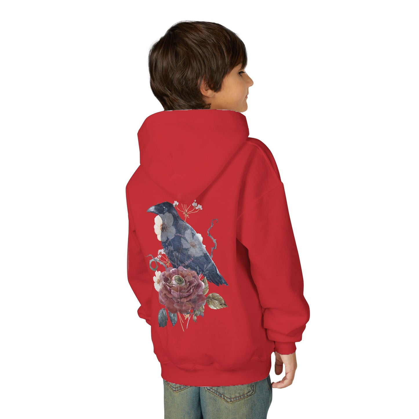 Floral Raven Youth Hoodie | Cozy Sweatshirt for Kids | Gift for Bird Lovers, Fall Fashion, Nature-Inspired Apparel