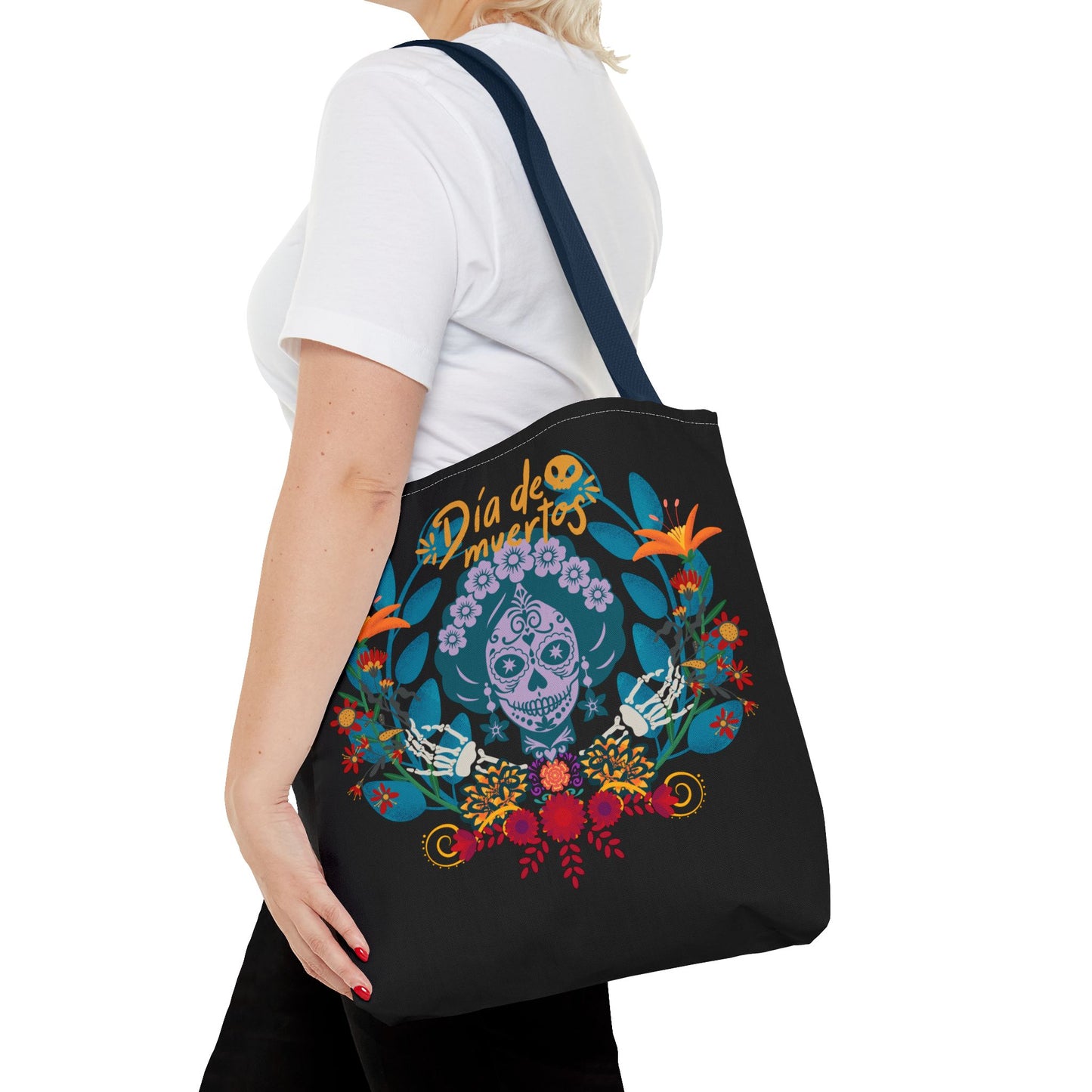 Dia de Muertos Tote Bag, Halloween Gift, Floral Skull Bag, AOP Grocery Tote, Eco-Friendly Shopper