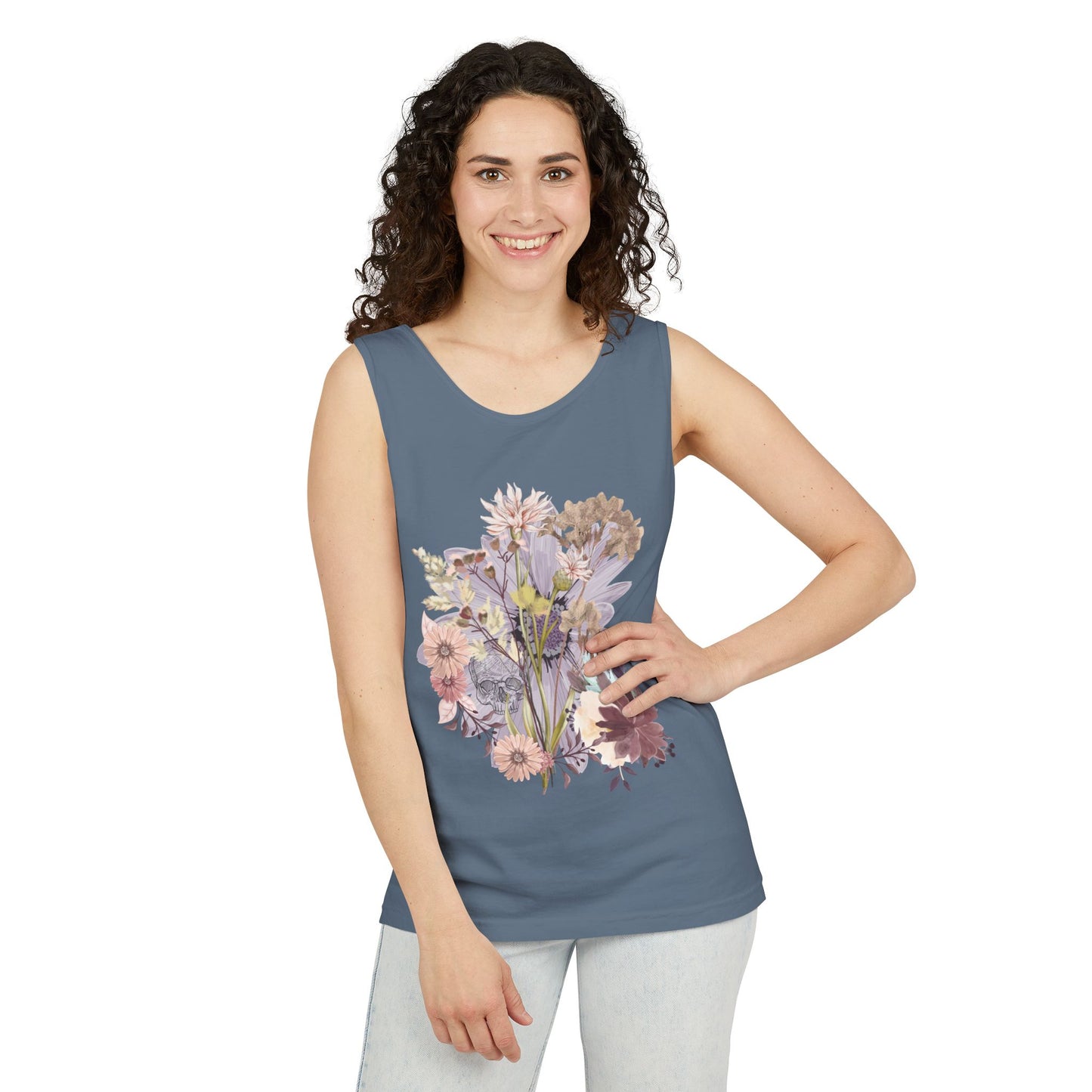 Floral Unisex Garment-Dyed Tank Top, Summer Casual Wear, Flower Print Shirt, Boho Top, Perfect for Festivals, Beach Days, and Warm Weather