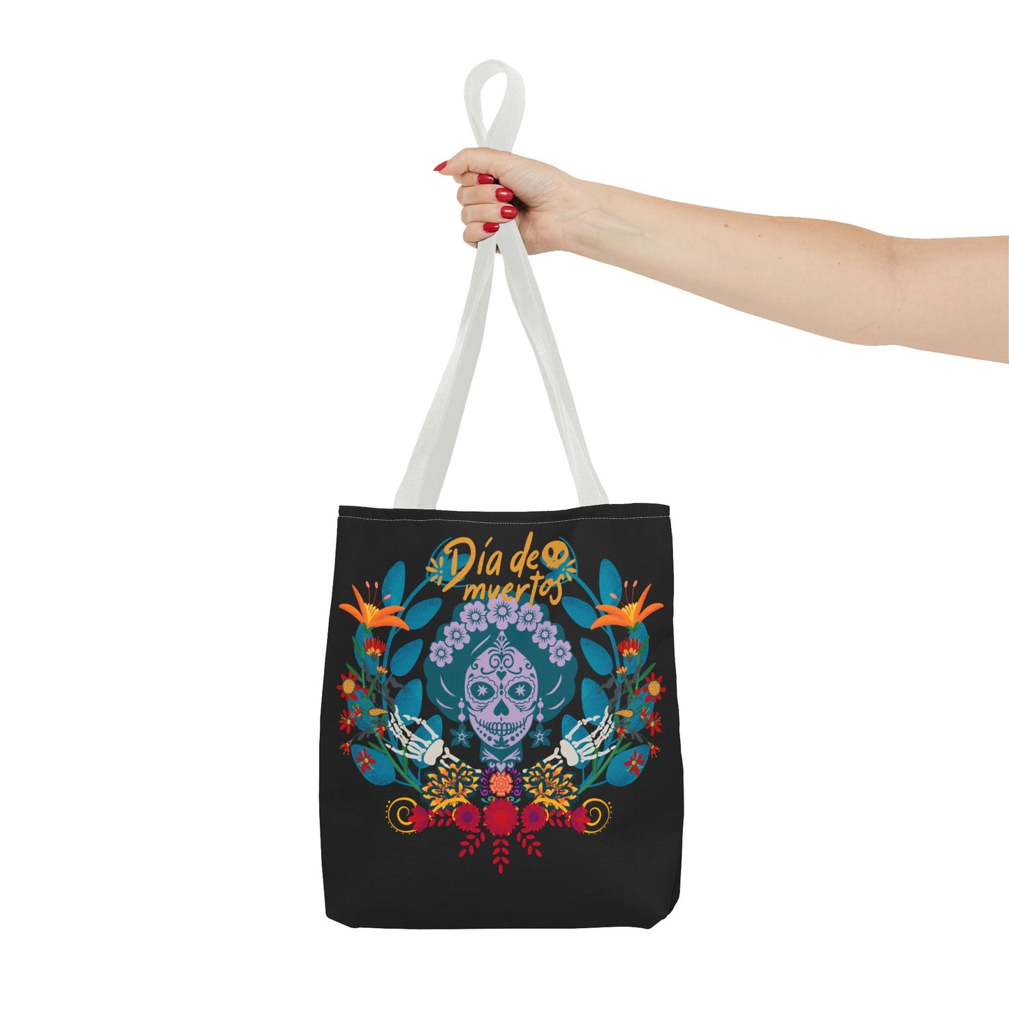 Dia de Muertos Tote Bag, Halloween Gift, Floral Skull Bag, AOP Grocery Tote, Eco-Friendly Shopper