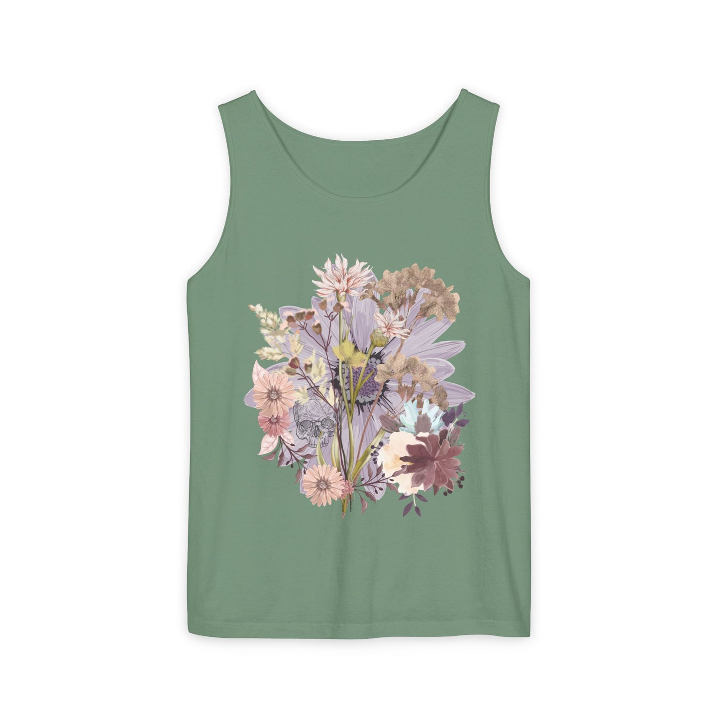 Floral Unisex Garment-Dyed Tank Top, Summer Casual Wear, Flower Print Shirt, Boho Top, Perfect for Festivals, Beach Days, and Warm Weather