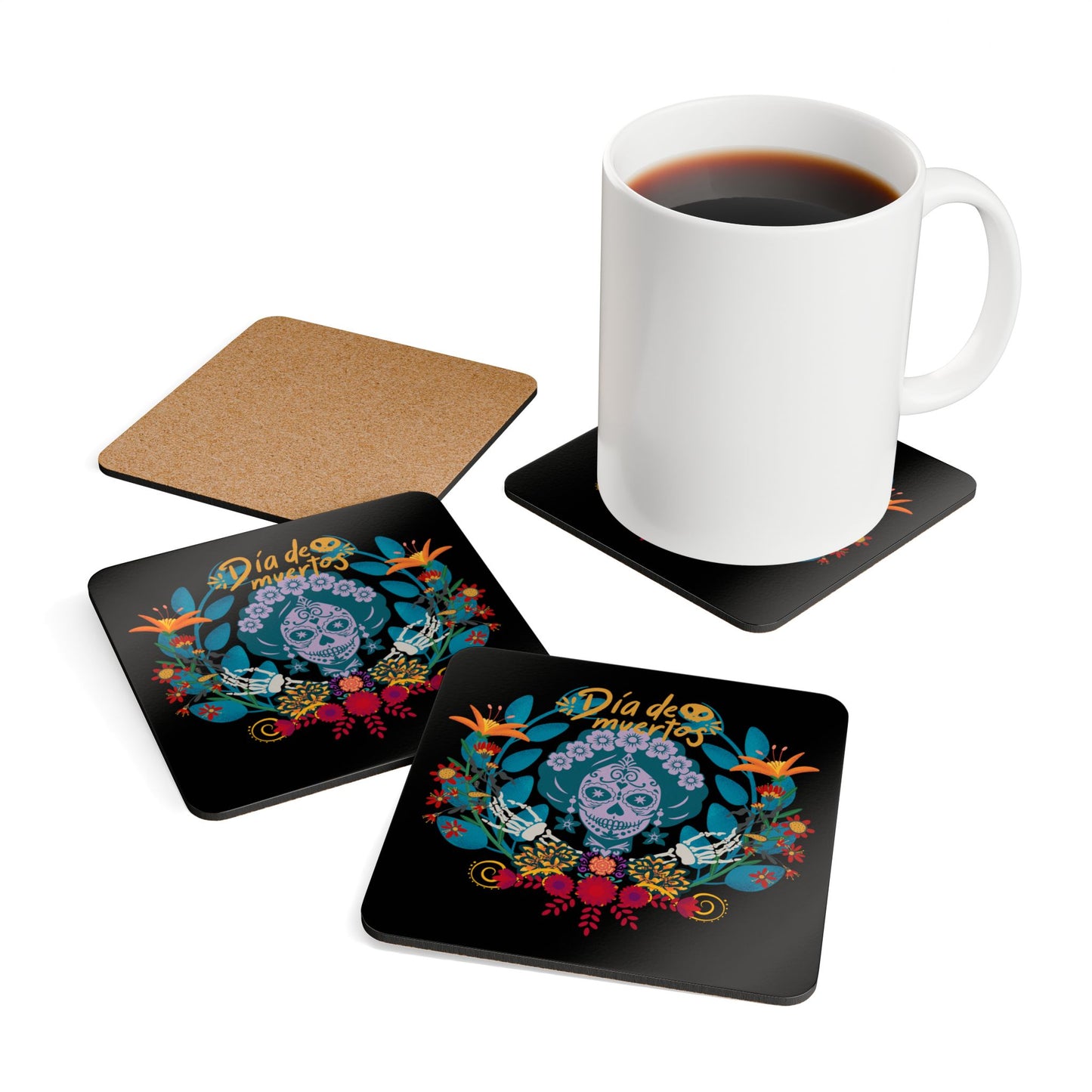 Vibrant Dia de Muertos - black Coaster Set | Colorful Corkwood Drink Coasters | Perfect for Celebrations, Gifts, Party Decor, Home Decor