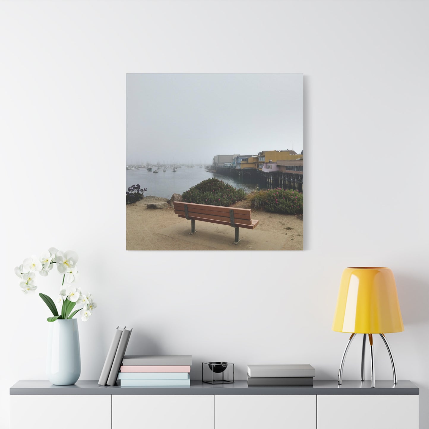 Stretched Canvas Art, Wall Decor, Coastal Landscape, Modern Home Decor, Gift for Beach Lovers, Nautical Decor, Foggy Harbor Scene