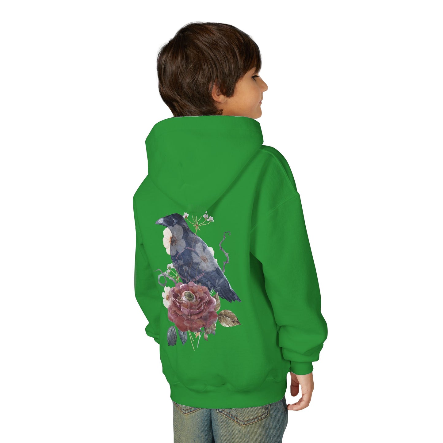 Floral Raven Youth Hoodie | Cozy Sweatshirt for Kids | Gift for Bird Lovers, Fall Fashion, Nature-Inspired Apparel