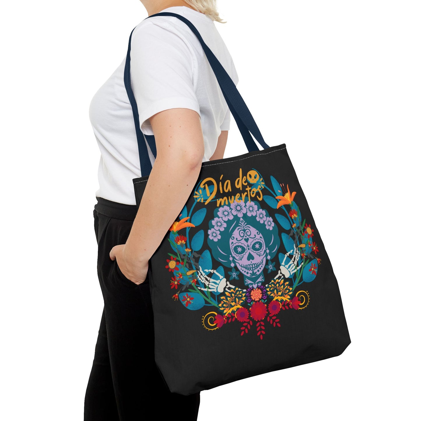Dia de Muertos Tote Bag, Halloween Gift, Floral Skull Bag, AOP Grocery Tote, Eco-Friendly Shopper