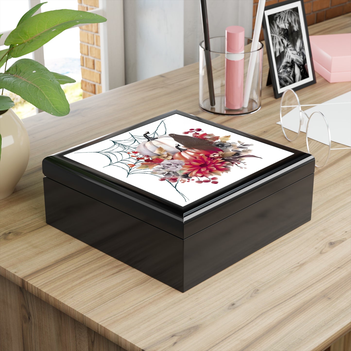 Spooky Autumn Jewelry Box with Floral Design, Halloween Gift, Decorative Storage, Trick or Treat Decor, Fall Decor Box