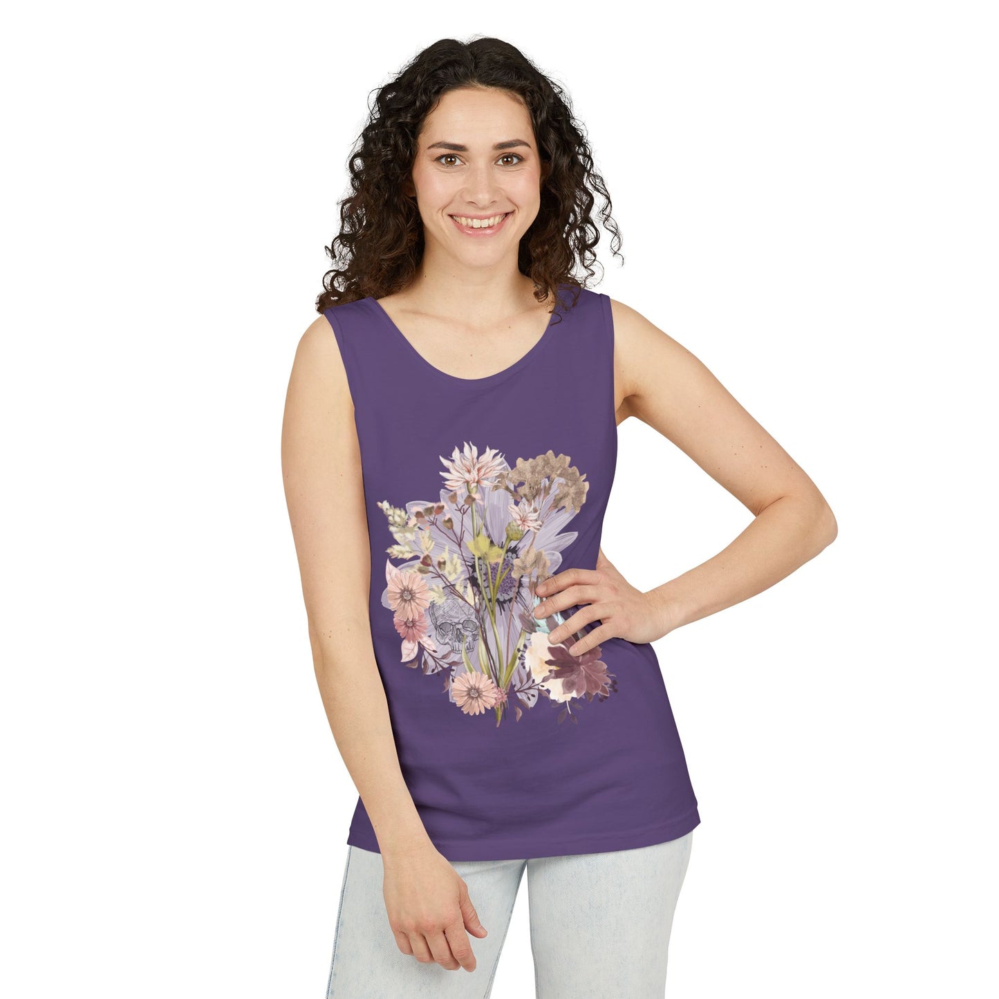 Floral Unisex Garment-Dyed Tank Top, Summer Casual Wear, Flower Print Shirt, Boho Top, Perfect for Festivals, Beach Days, and Warm Weather