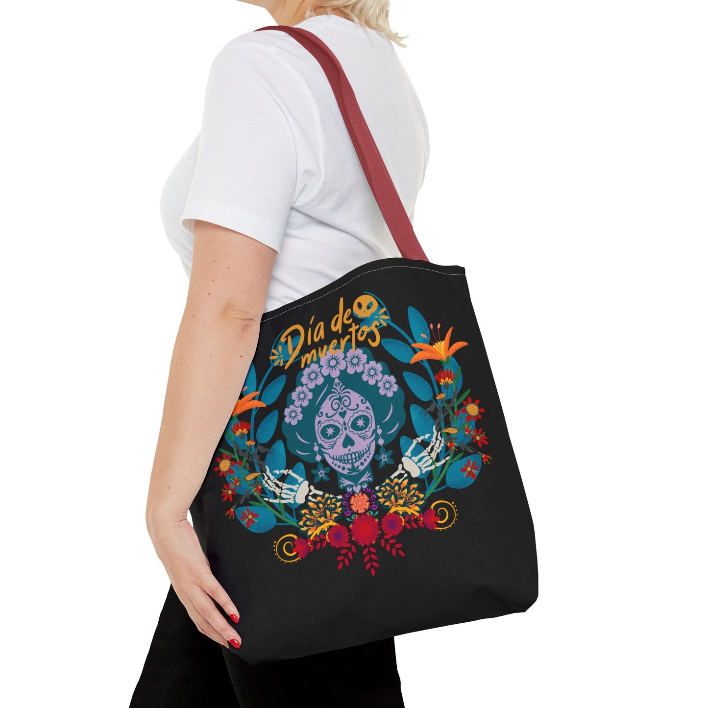 Dia de Muertos Tote Bag, Halloween Gift, Floral Skull Bag, AOP Grocery Tote, Eco-Friendly Shopper