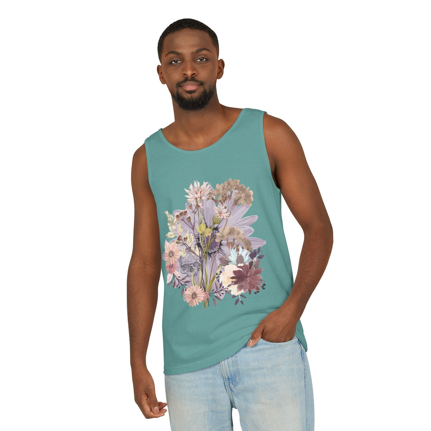 Floral Unisex Garment-Dyed Tank Top, Summer Casual Wear, Flower Print Shirt, Boho Top, Perfect for Festivals, Beach Days, and Warm Weather
