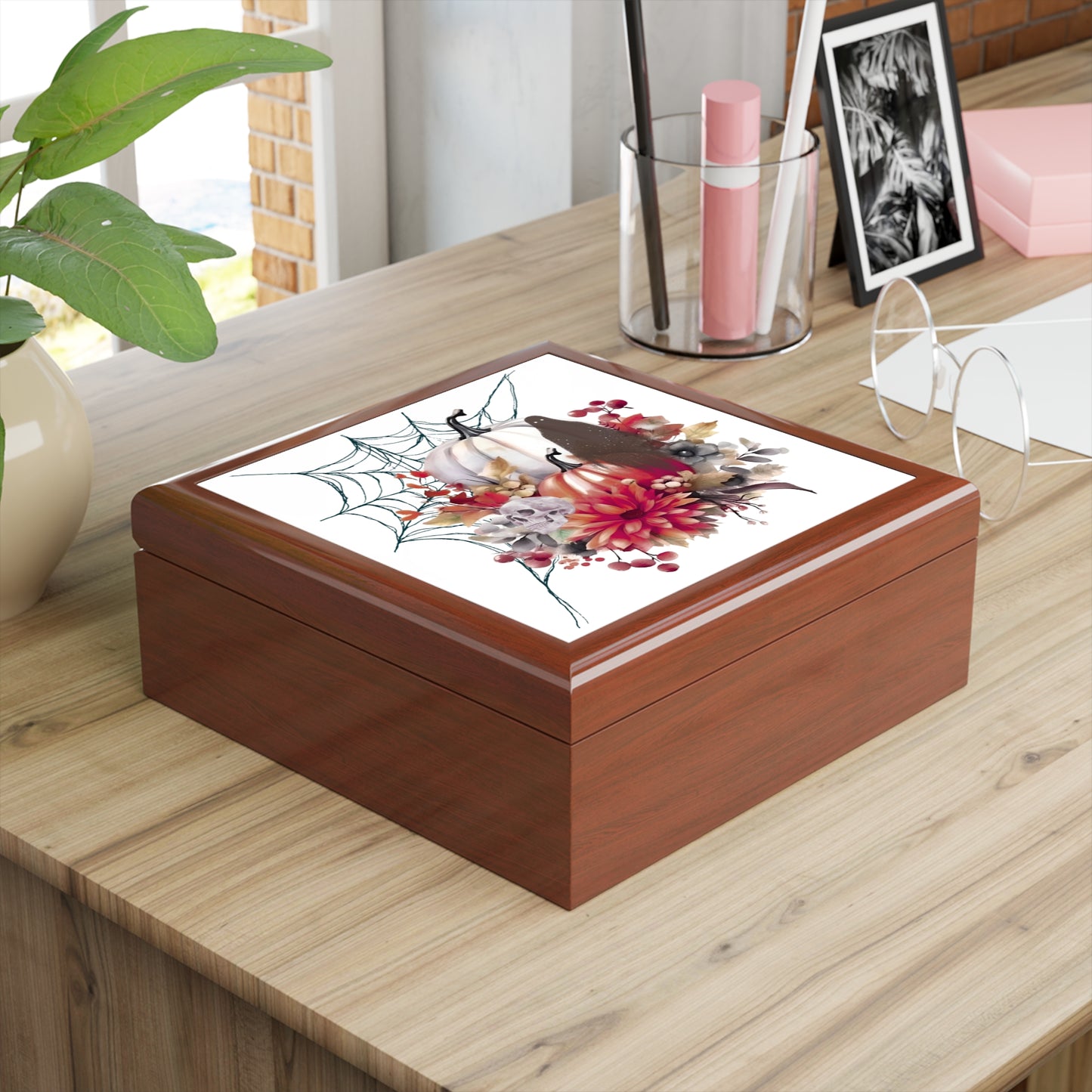 Spooky Autumn Jewelry Box with Floral Design, Halloween Gift, Decorative Storage, Trick or Treat Decor, Fall Decor Box