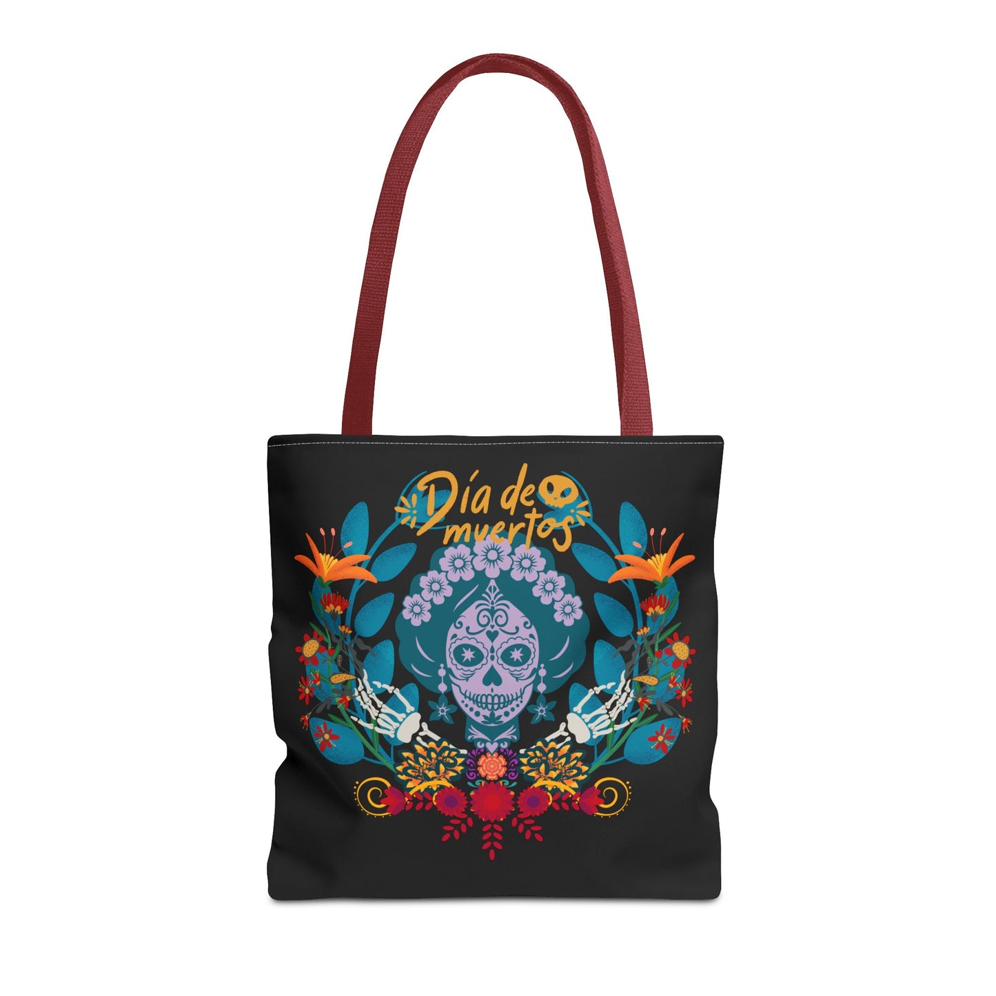 Dia de Muertos Tote Bag, Halloween Gift, Floral Skull Bag, AOP Grocery Tote, Eco-Friendly Shopper