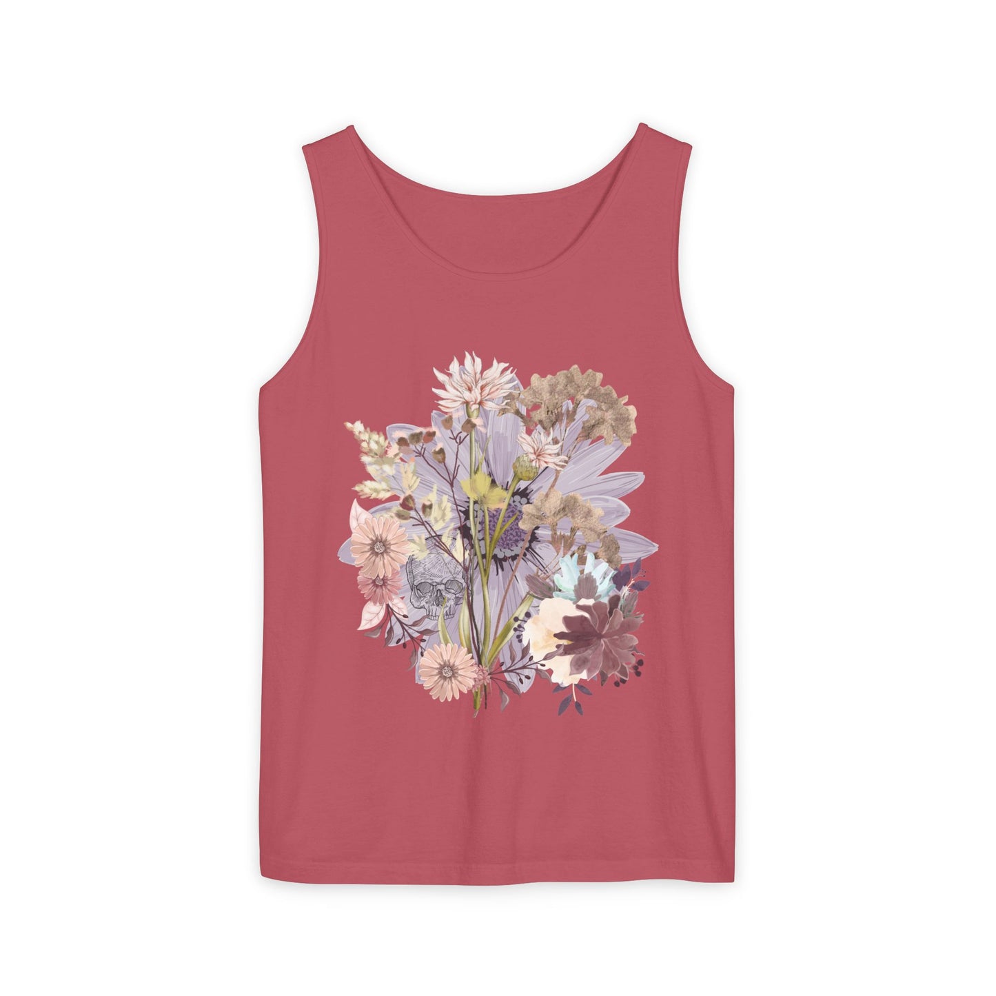 Floral Unisex Garment-Dyed Tank Top, Summer Casual Wear, Flower Print Shirt, Boho Top, Perfect for Festivals, Beach Days, and Warm Weather