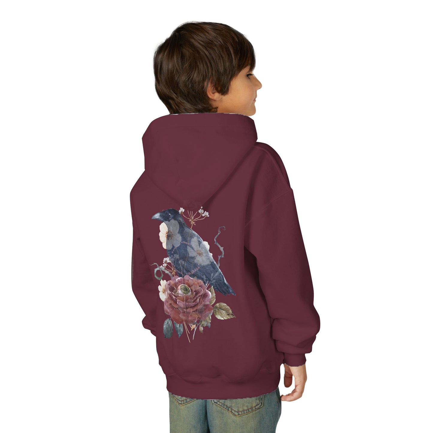 Floral Raven Youth Hoodie | Cozy Sweatshirt for Kids | Gift for Bird Lovers, Fall Fashion, Nature-Inspired Apparel