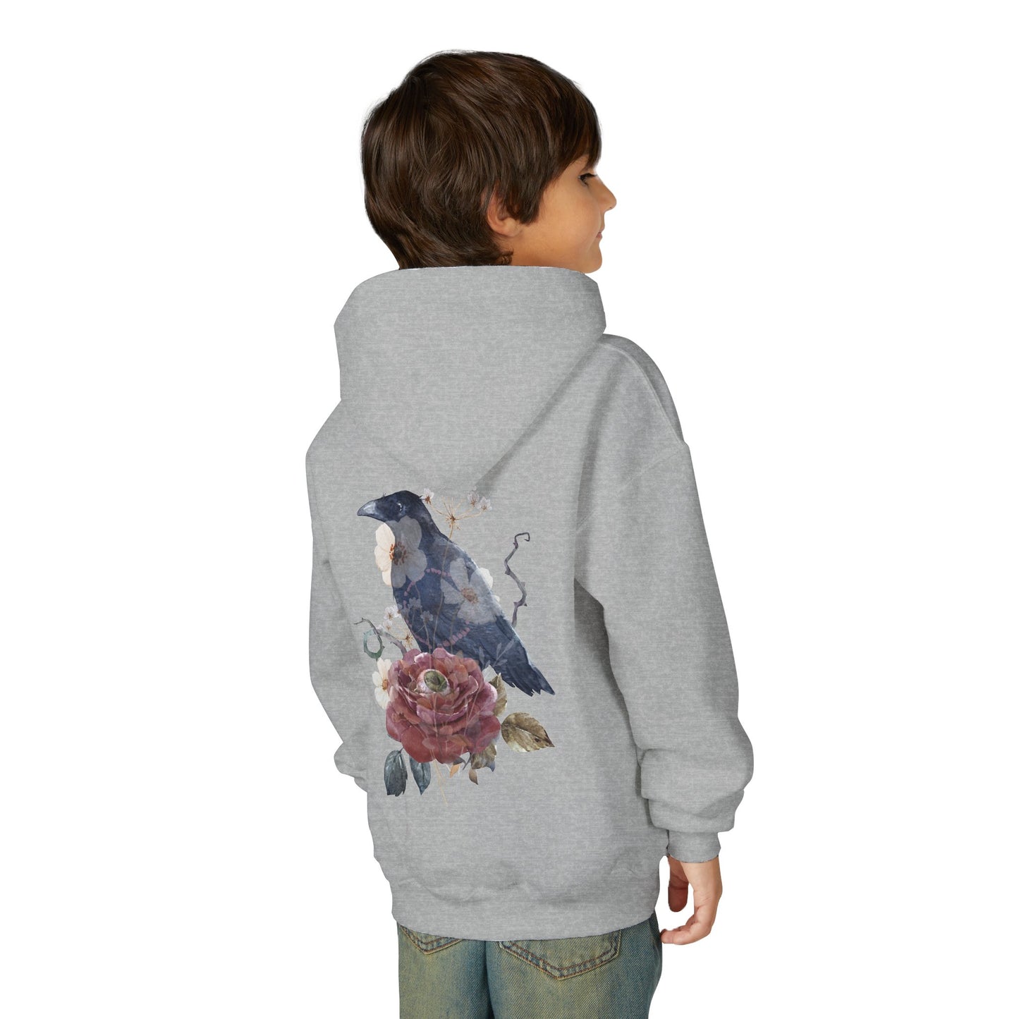 Floral Raven Youth Hoodie | Cozy Sweatshirt for Kids | Gift for Bird Lovers, Fall Fashion, Nature-Inspired Apparel