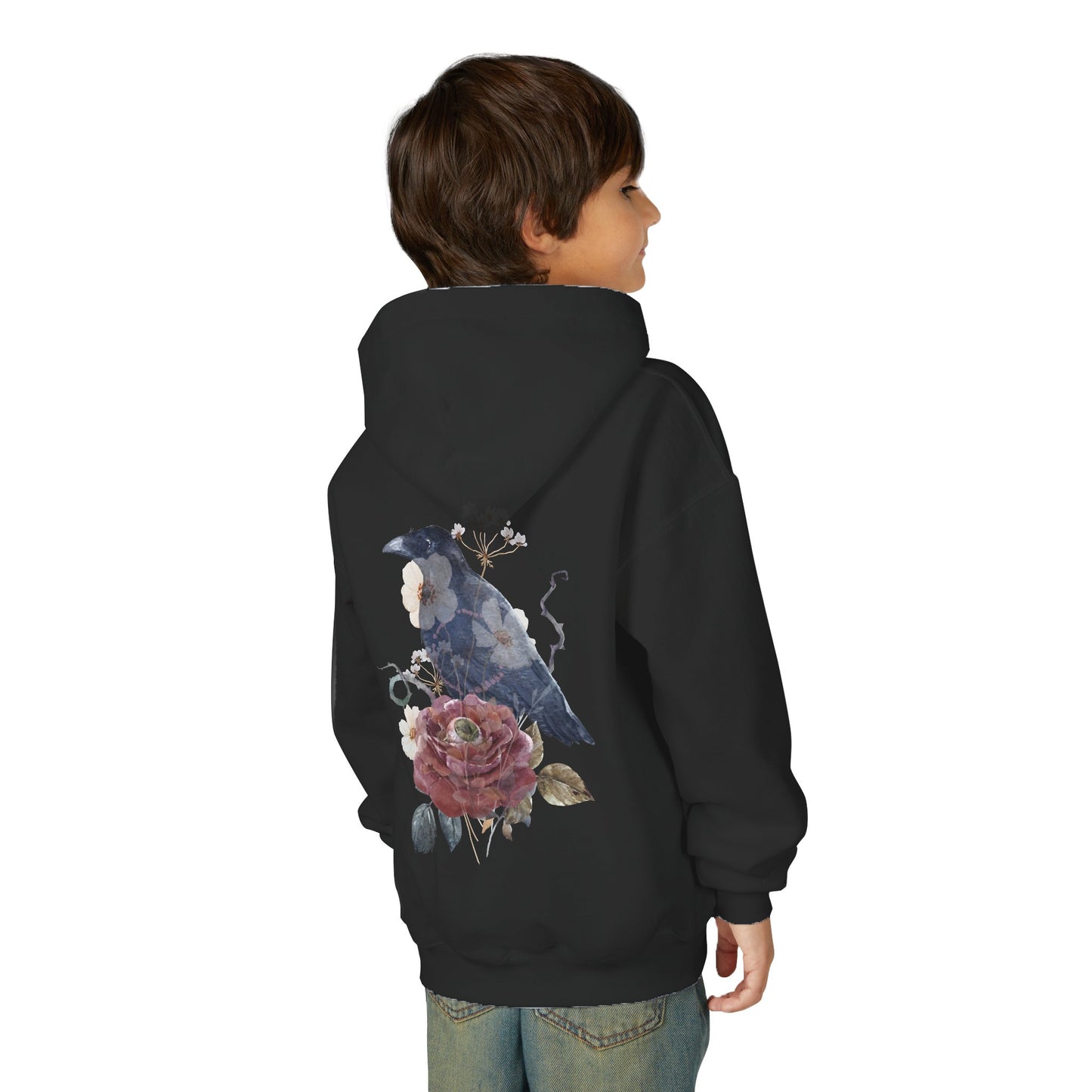 Floral Raven Youth Hoodie | Cozy Sweatshirt for Kids | Gift for Bird Lovers, Fall Fashion, Nature-Inspired Apparel