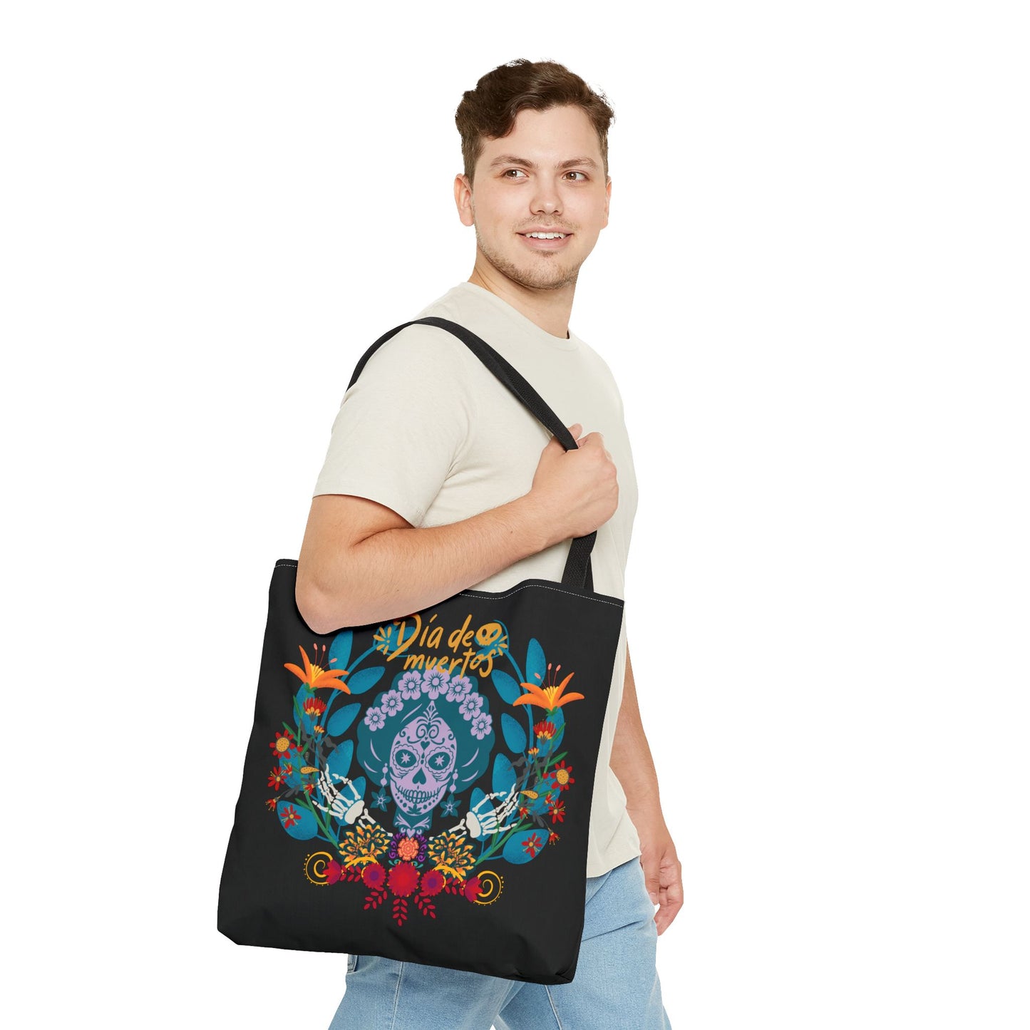 Dia de Muertos Tote Bag, Halloween Gift, Floral Skull Bag, AOP Grocery Tote, Eco-Friendly Shopper