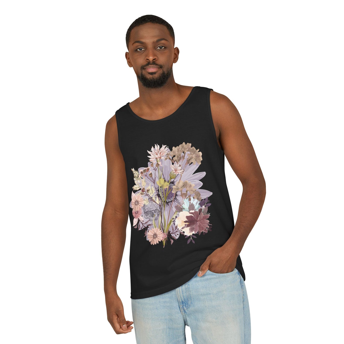 Floral Unisex Garment-Dyed Tank Top, Summer Casual Wear, Flower Print Shirt, Boho Top, Perfect for Festivals, Beach Days, and Warm Weather