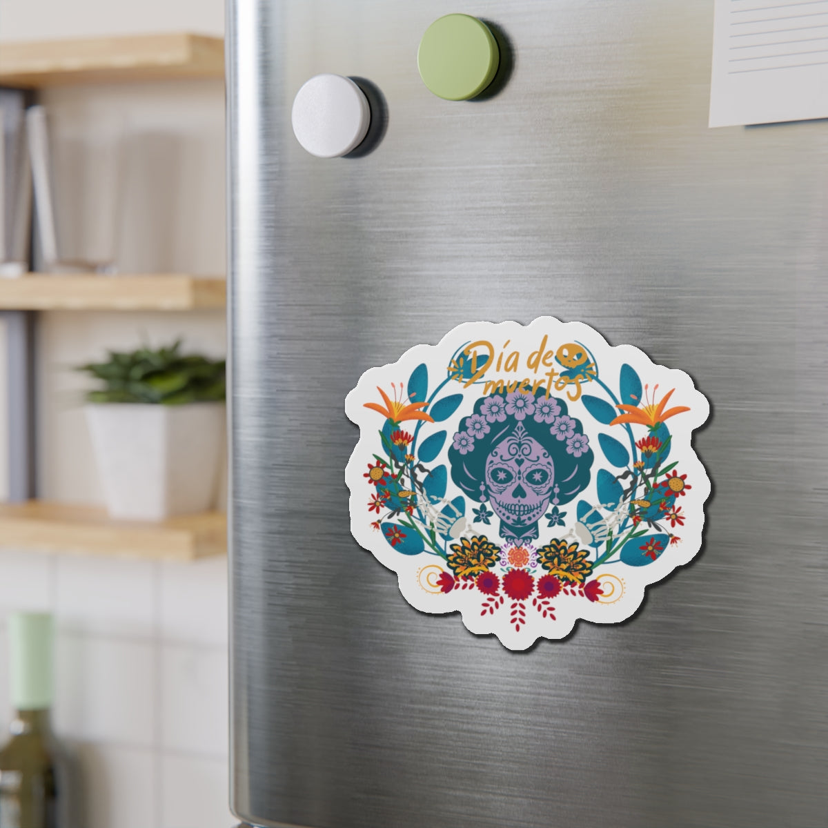 Vibrant Día de Muertos Die-Cut Magnet, Colorful Fridge Decor, Holiday Gift, Celebration Keepsake, Artistic Home Accent