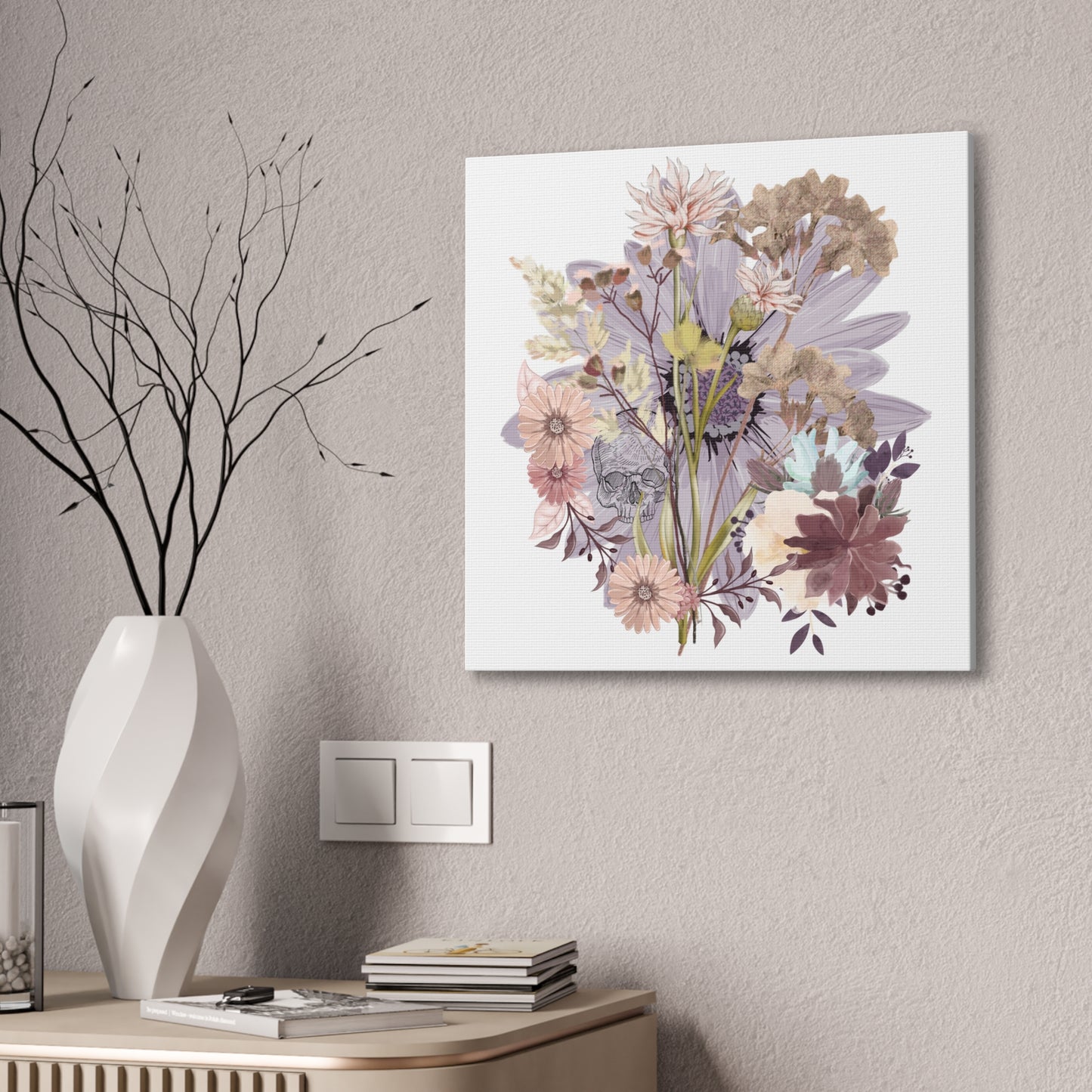 Floral Skull Canvas Art, Wall Decor, Modern Home Decor, Gift for Her, Nature-Inspired Wall Art, Boho Art Print