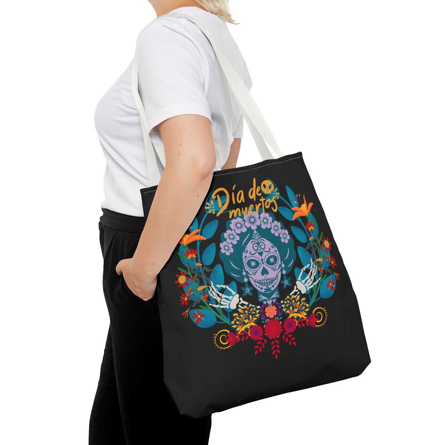 Dia de Muertos Tote Bag, Halloween Gift, Floral Skull Bag, AOP Grocery Tote, Eco-Friendly Shopper