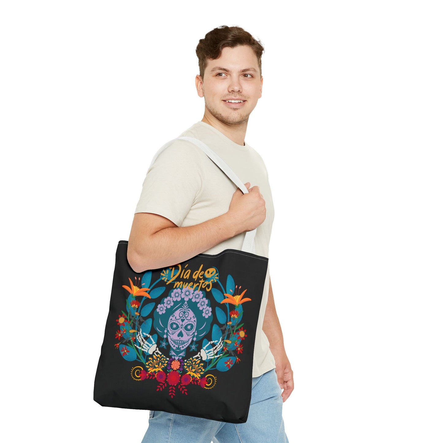 Dia de Muertos Tote Bag, Halloween Gift, Floral Skull Bag, AOP Grocery Tote, Eco-Friendly Shopper
