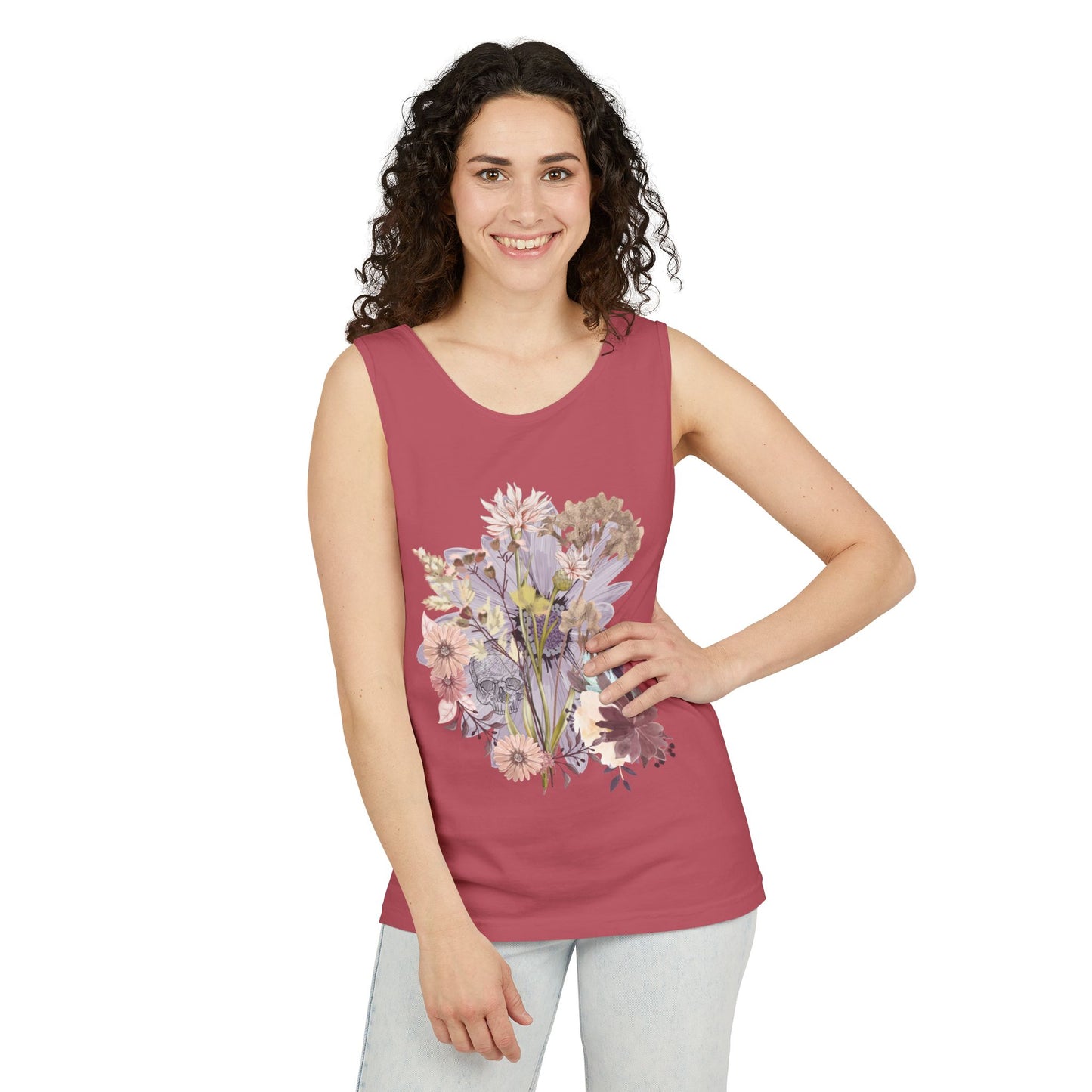 Floral Unisex Garment-Dyed Tank Top, Summer Casual Wear, Flower Print Shirt, Boho Top, Perfect for Festivals, Beach Days, and Warm Weather